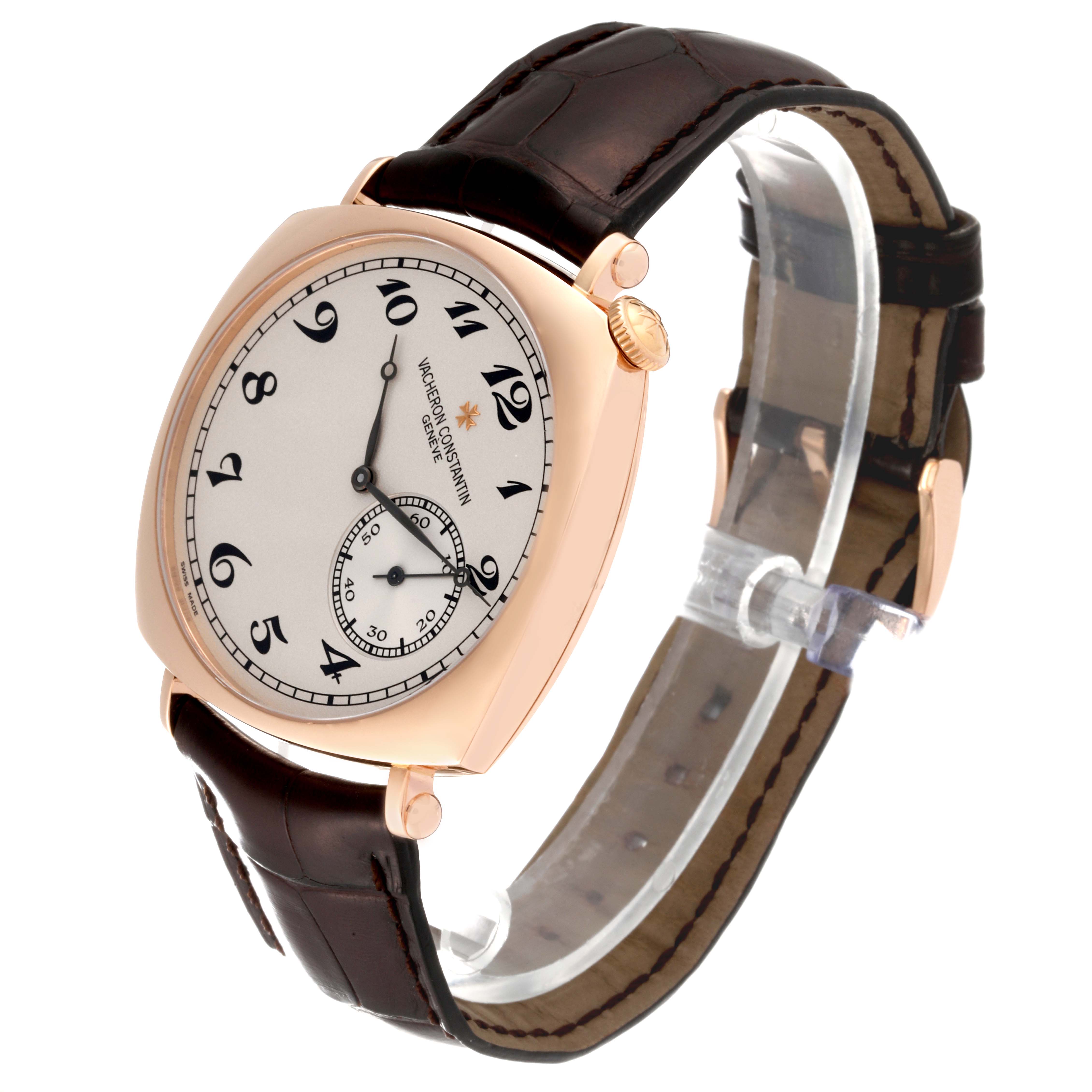 The image shows the Vacheron Constantin Historiques 82035/000R Men's Rose Gold Silver Dial 82035/000R Men's Rose Gold Silver Dial model watch from a three-quarter angle, highlighting the dial, case, crown, and strap.