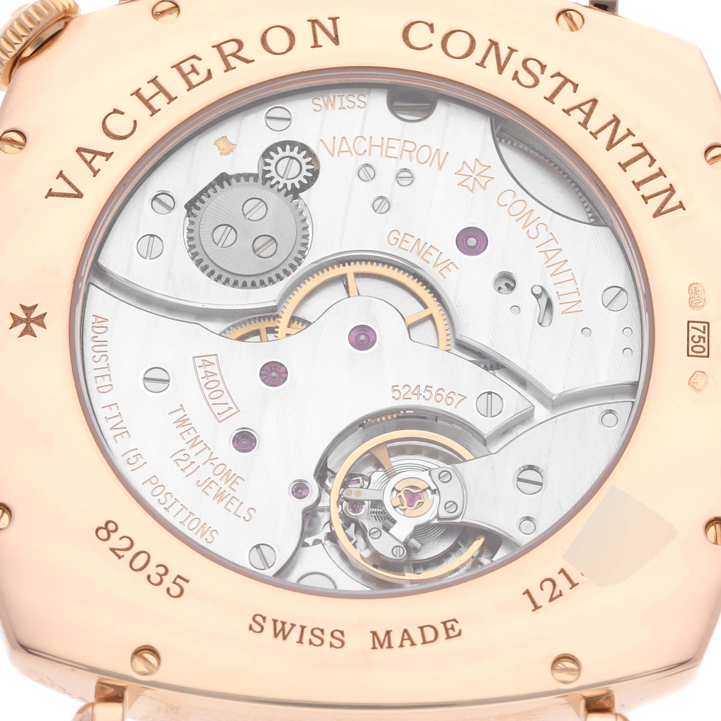 This is a close-up of the Vacheron Constantin Historiques 82035/000R Men's Rose Gold Silver Dial 82035/000R Men's Rose Gold Silver Dial model, showcasing the watch's intricate rear movement.