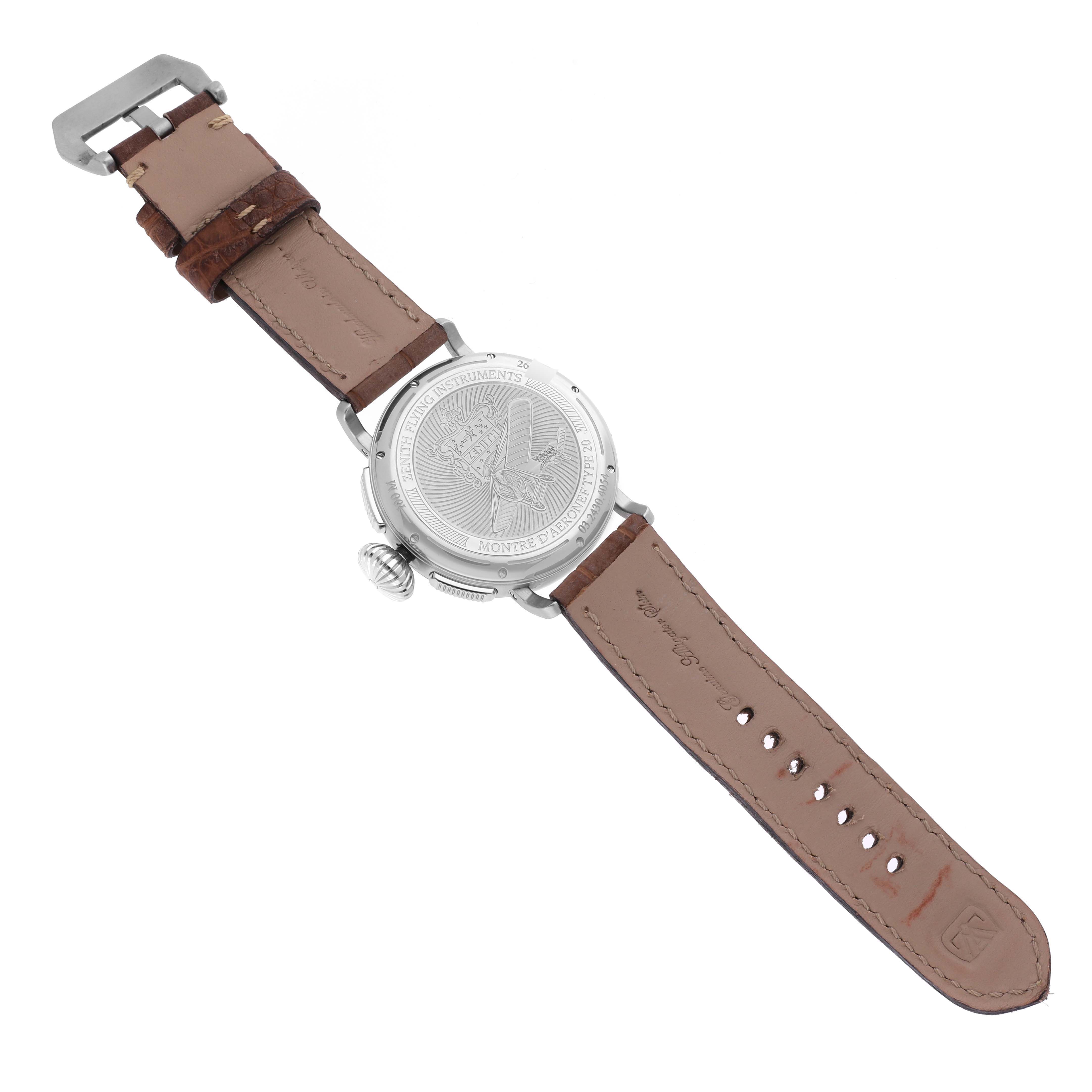 The image shows the back of a Zenith Pilot 03.2430.4054/21.C721 Men's Stainless Steel Black Dial 03.2430.4054/21.C721 Men's Stainless Steel Black Dial watch, highlighting the engraved case back and leather strap.