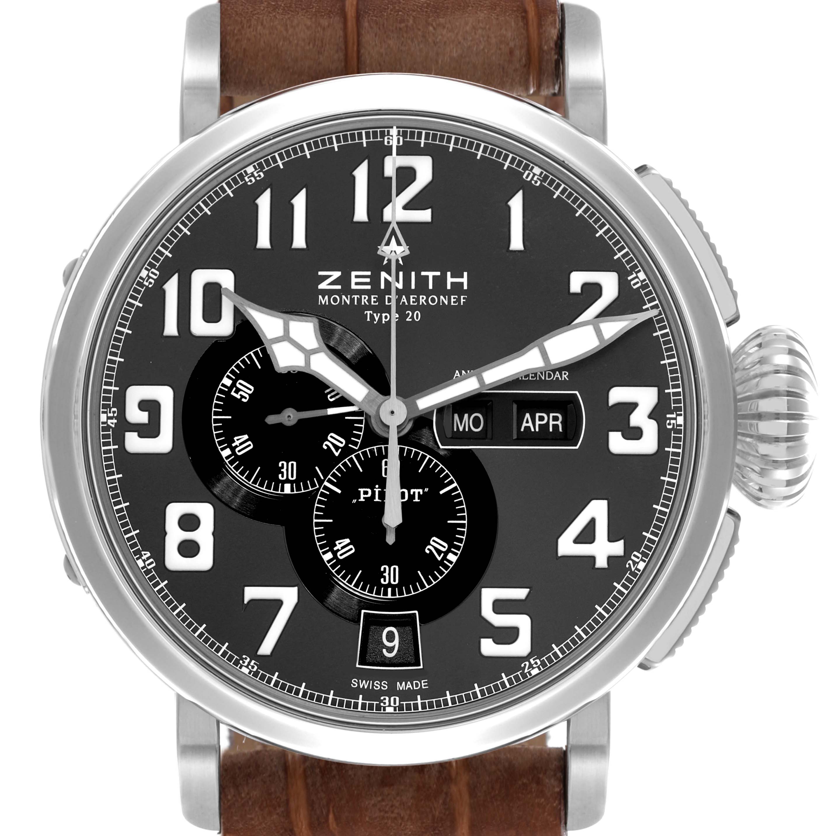 The Zenith Pilot 03.2430.4054/21.C721 Men's Stainless Steel Black Dial 03.2430.4054/21.C721 Men's Stainless Steel Black Dial watch is shown from the front, displaying its dial, subdials, date window, and leather strap.