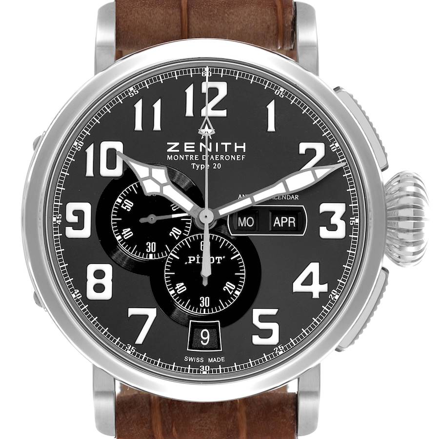 The Zenith Pilot watch is shown from the front, displaying its dial, subdials, date window, and leather strap.