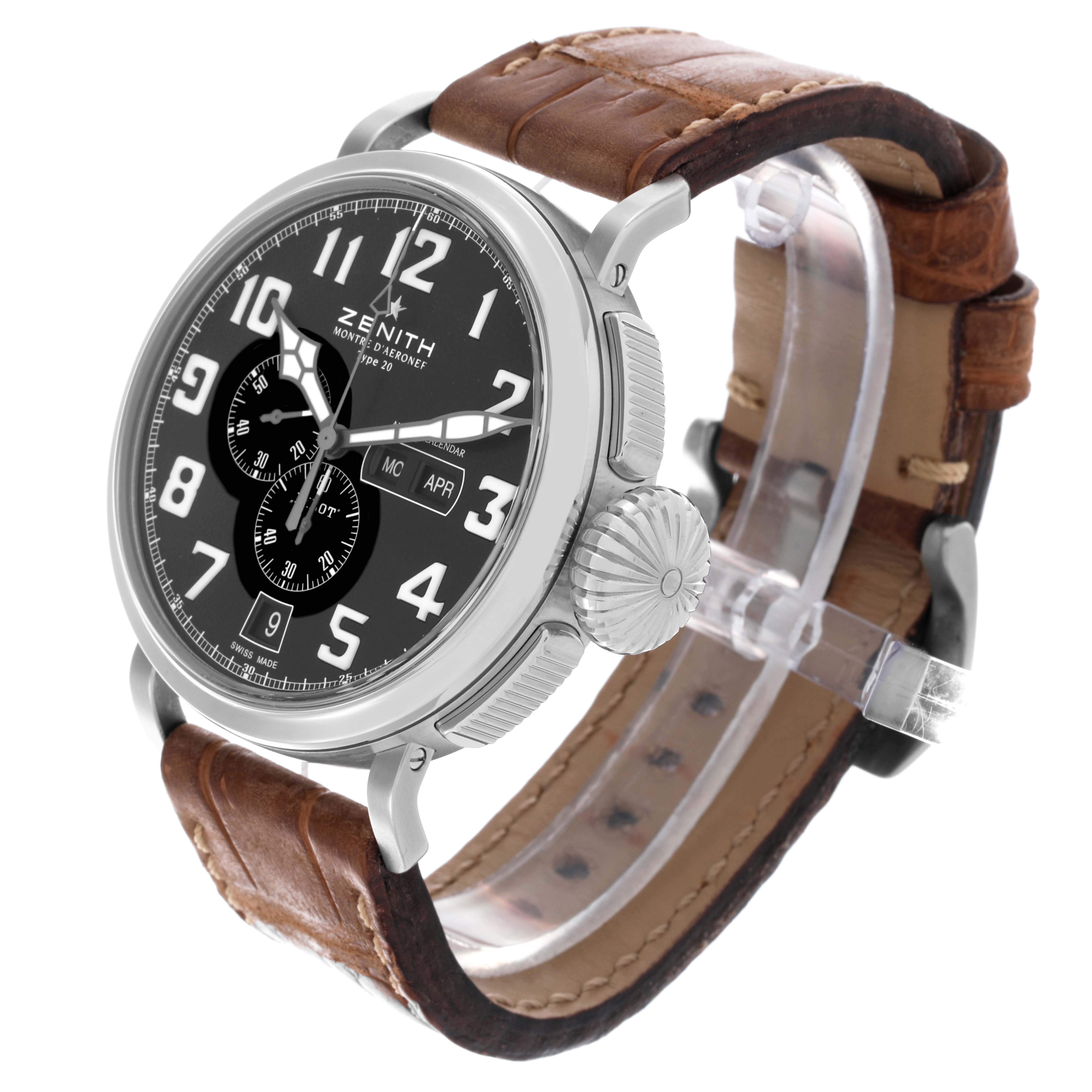 The Zenith Pilot 03.2430.4054/21.C721 Men's Stainless Steel Black Dial 03.2430.4054/21.C721 Men's Stainless Steel Black Dial watch is shown at a three-quarter angle, highlighting the dial, leather strap, and large crown.