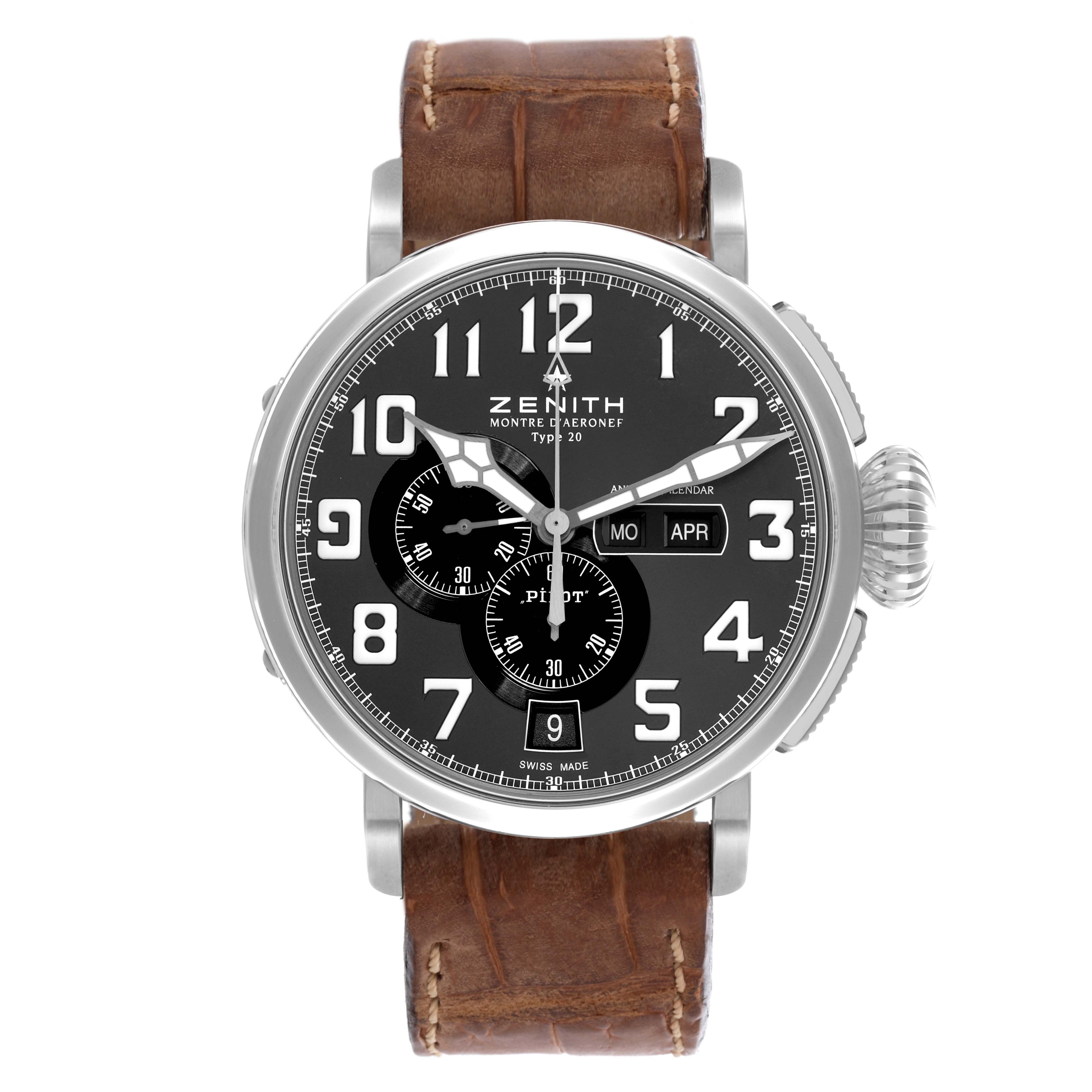 The Zenith Pilot 03.2430.4054/21.C721 Men's Stainless Steel Black Dial 03.2430.4054/21.C721 Men's Stainless Steel Black Dial watch is shown from the front, displaying the dial, hands, subdials, leather strap, and crown.