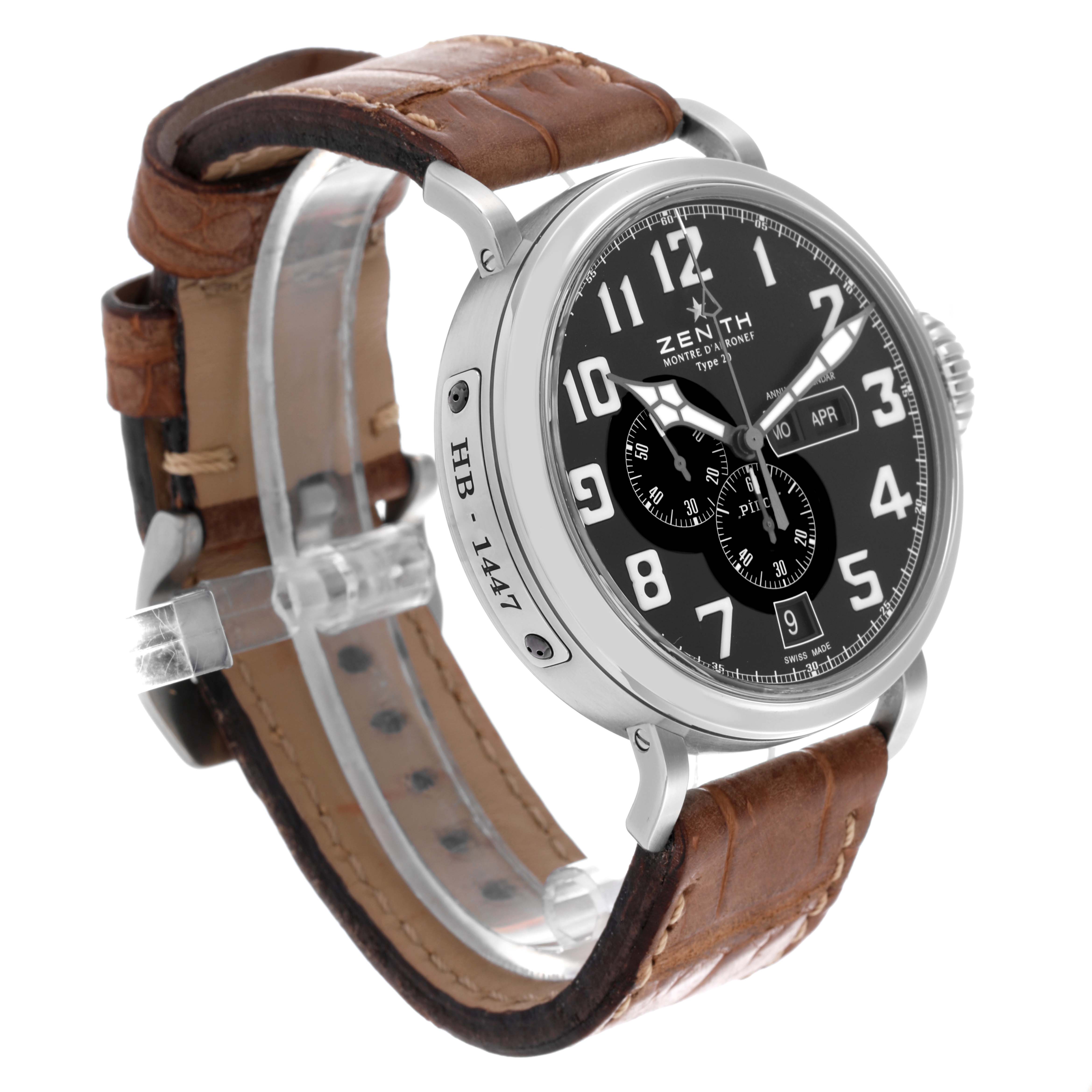 The Zenith Pilot 03.2430.4054/21.C721 Men's Stainless Steel Black Dial 03.2430.4054/21.C721 Men's Stainless Steel Black Dial watch is shown at an angled side view, displaying the dial, case, crown, and leather strap.