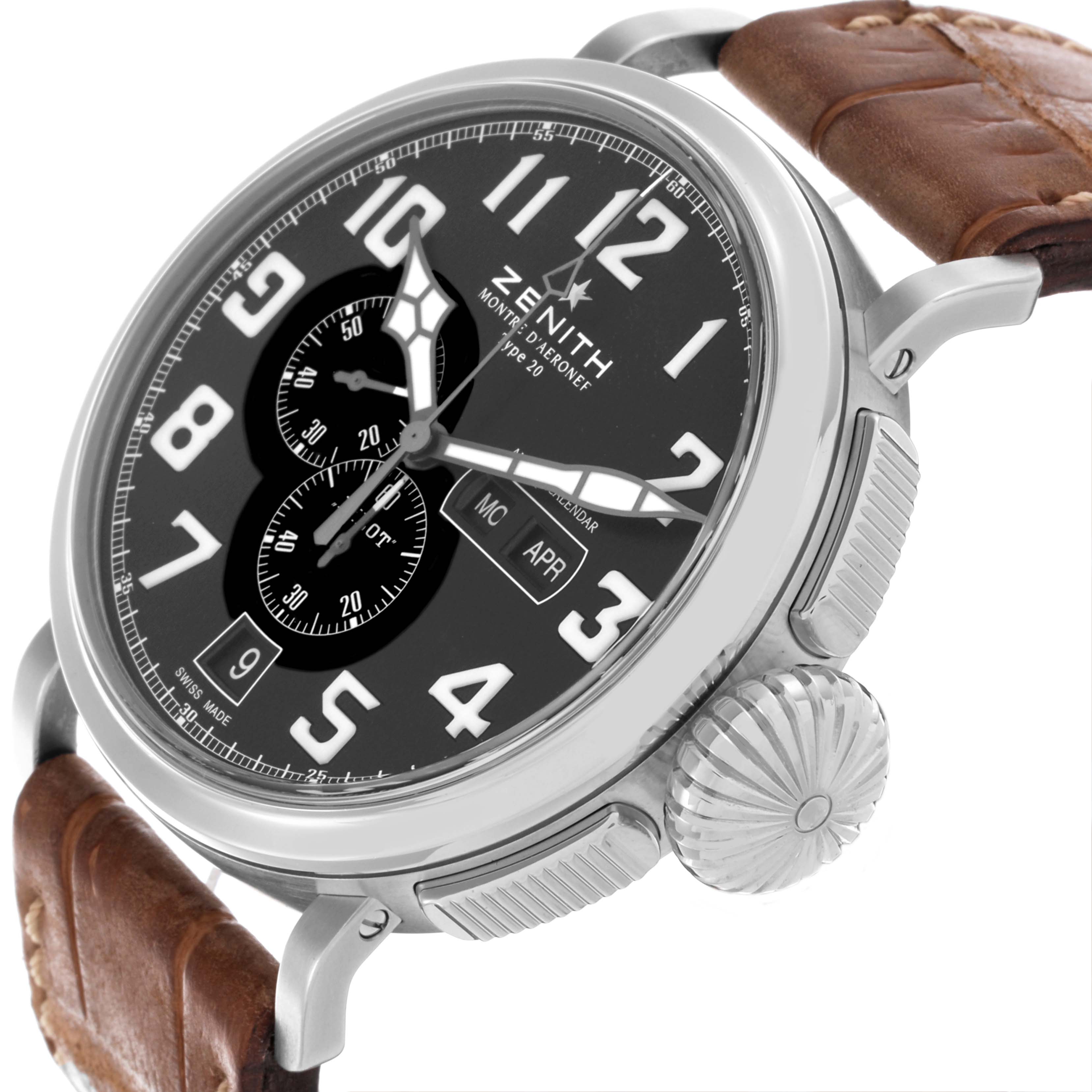 The Zenith Pilot 03.2430.4054/21.C721 Men's Stainless Steel Black Dial 03.2430.4054/21.C721 Men's Stainless Steel Black Dial watch is shown from a side angle, highlighting its dial, crown, pushers, and brown leather strap.