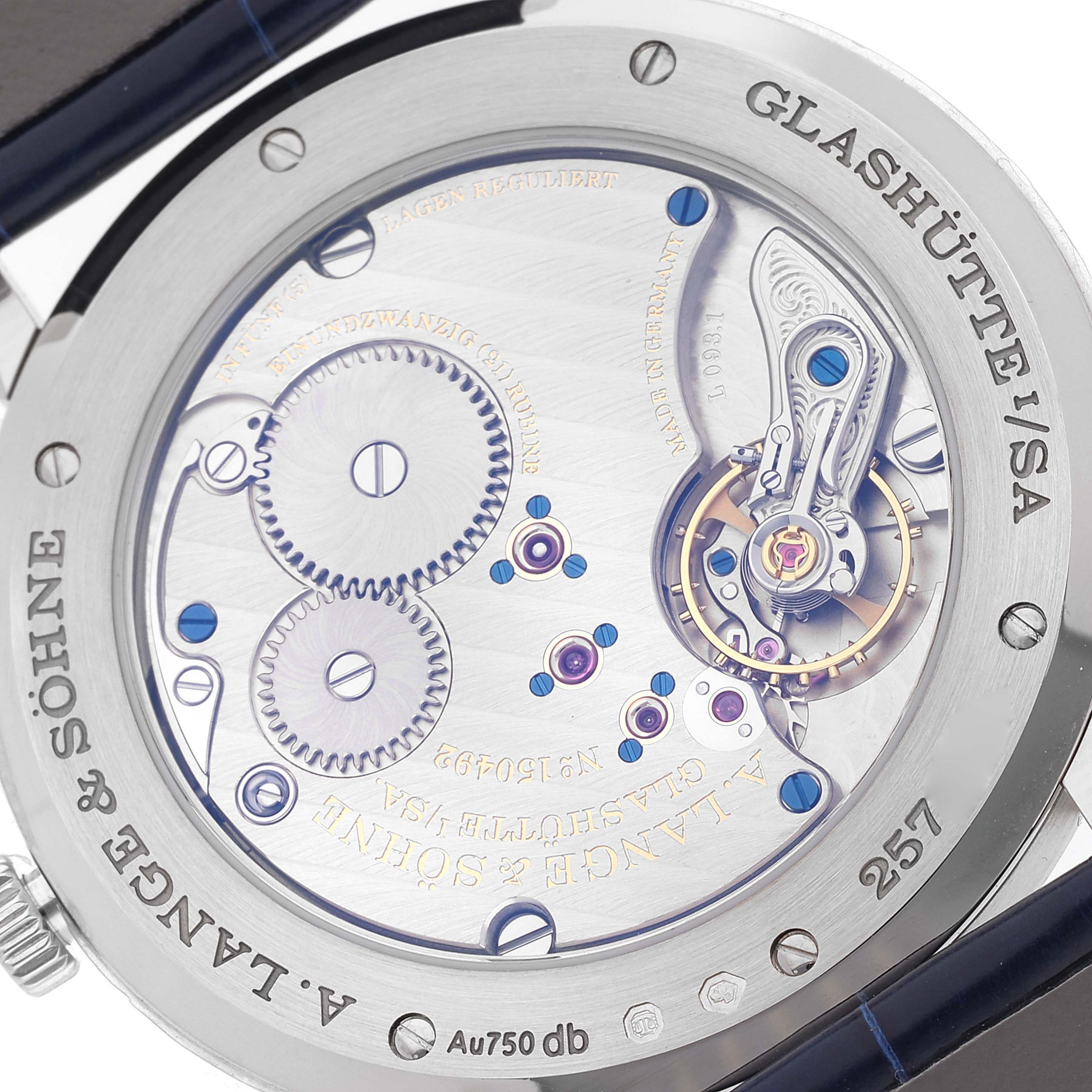 This image shows the back view of an A. Lange & Sohne Saxonia watch, revealing the intricate internal mechanism.