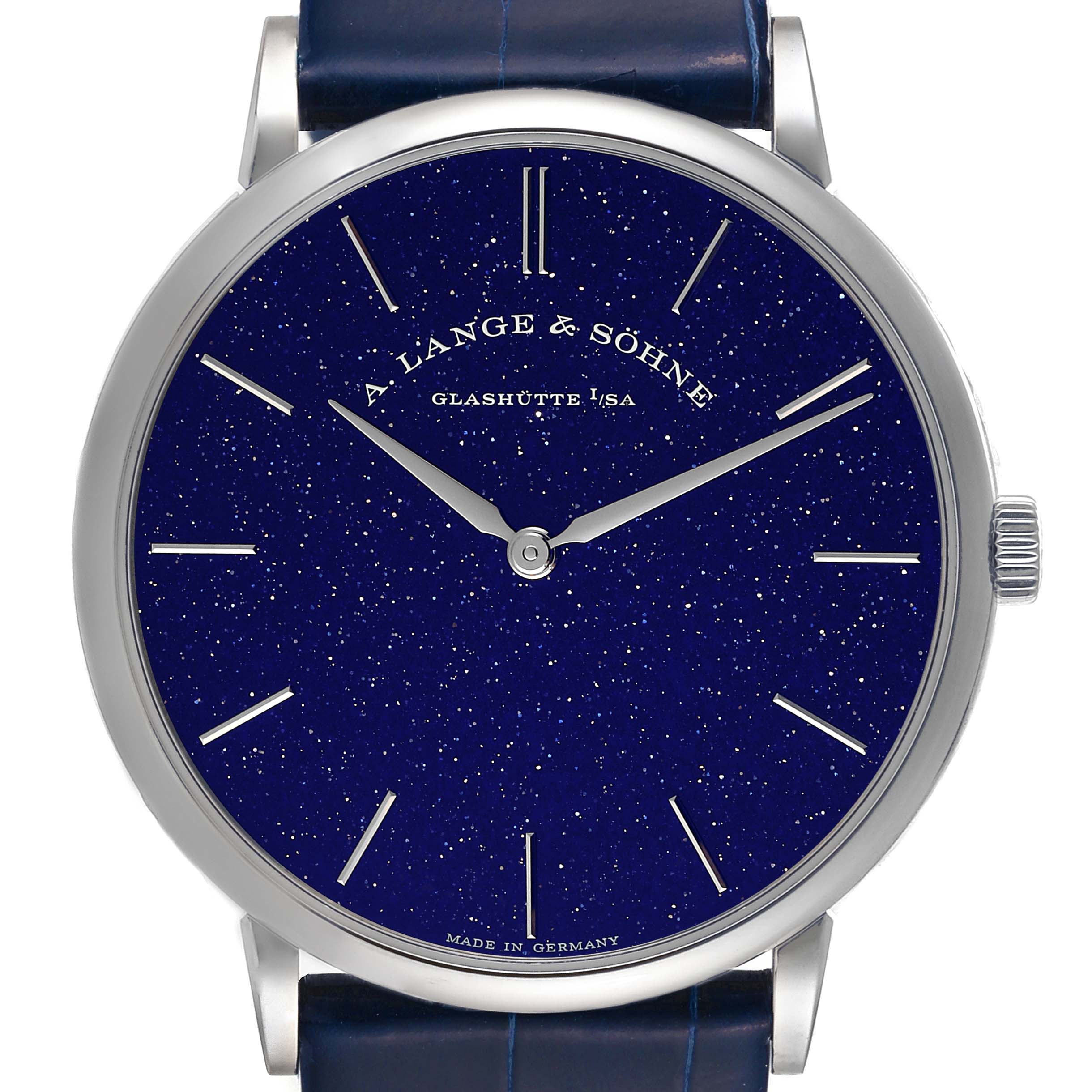 The image shows a front view of an A. Lange & Sohne Saxonia 205.086 / LSLS2053AX Men's White Gold Blue Dial watch, highlighting its blue speckled dial, hands, and part of the strap.