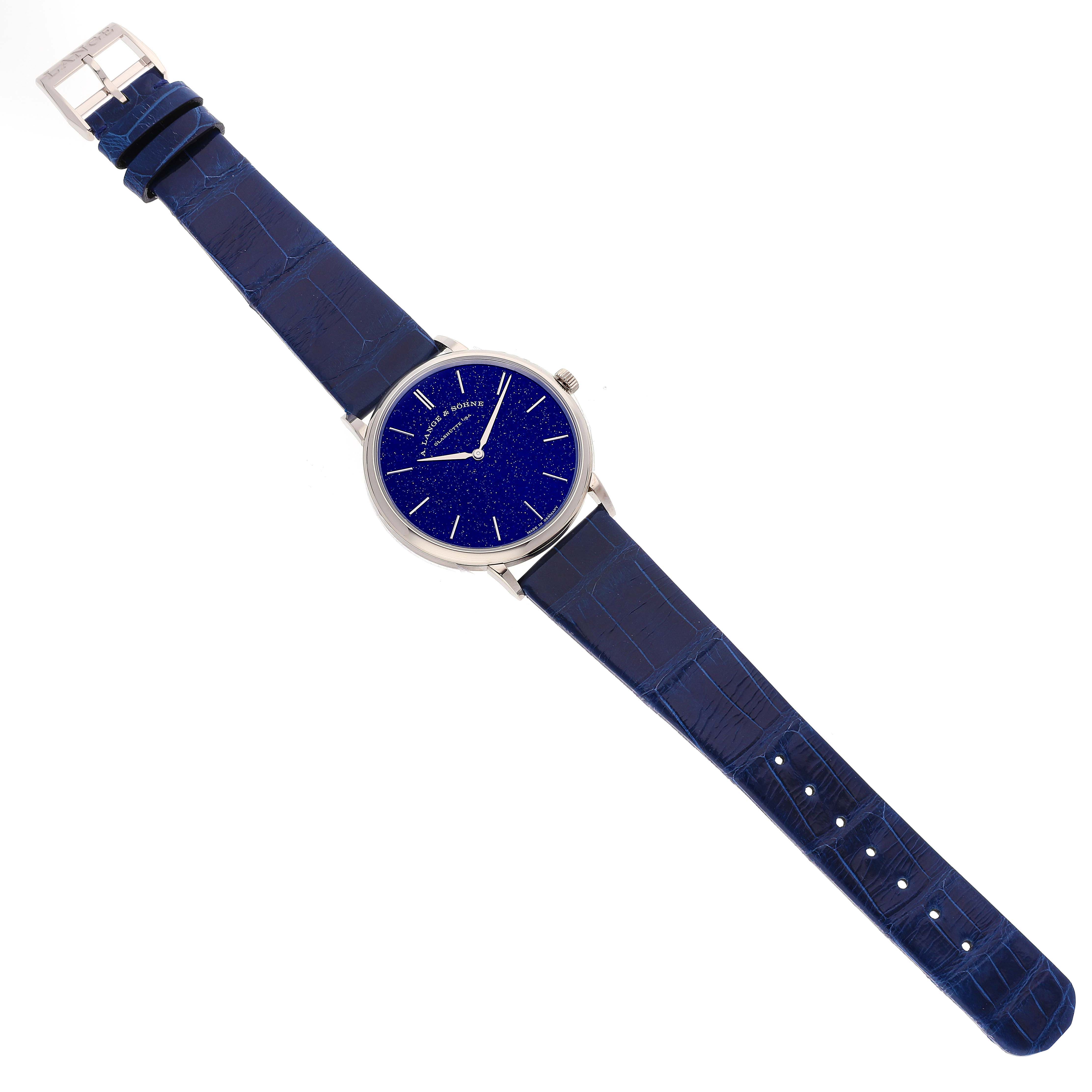 The image shows a full view of the A. Lange & Sohne Saxonia watch, highlighting the blue dial and blue leather strap.