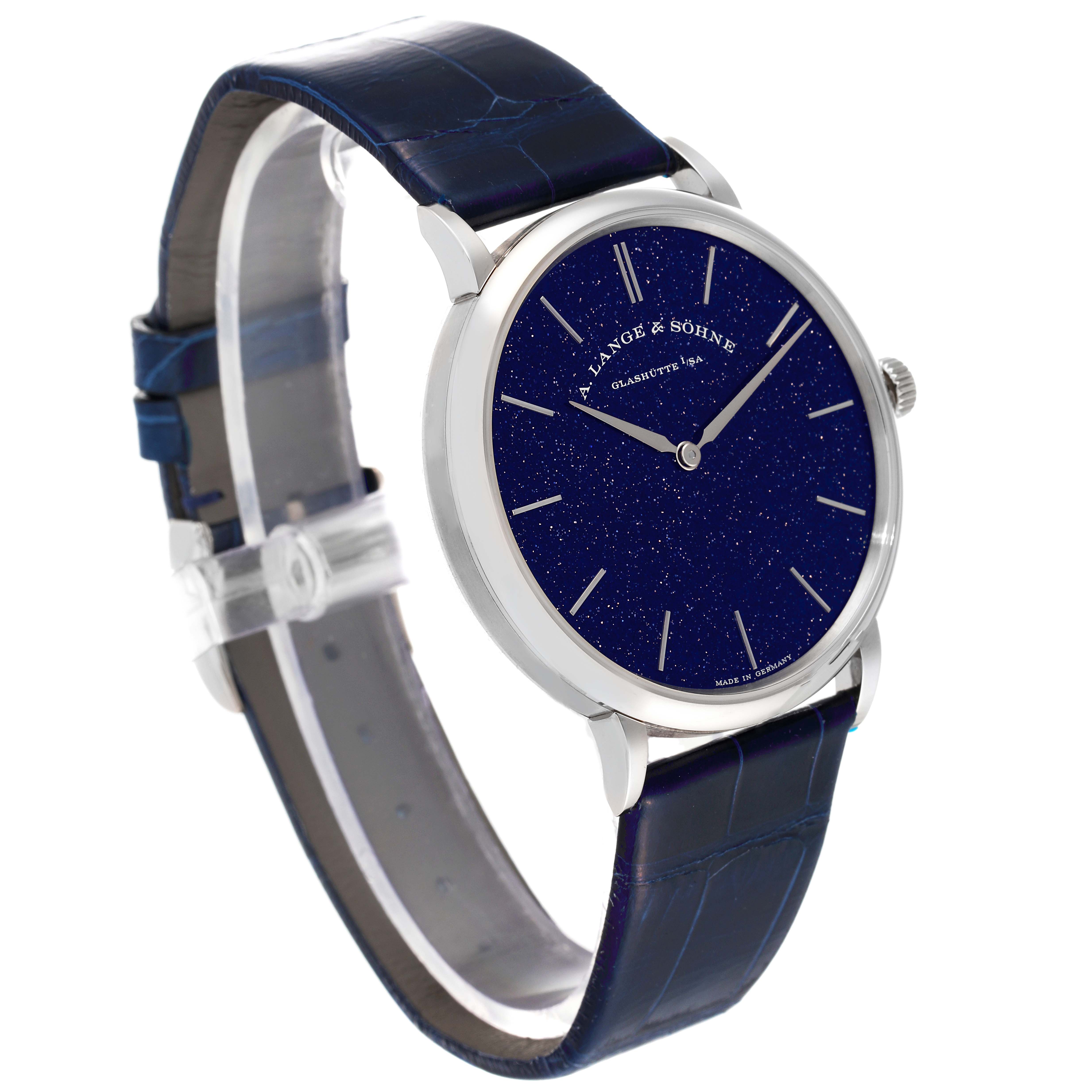 The image shows a side angle of the A. Lange & Sohne Saxonia watch, highlighting its face, strap, and case.