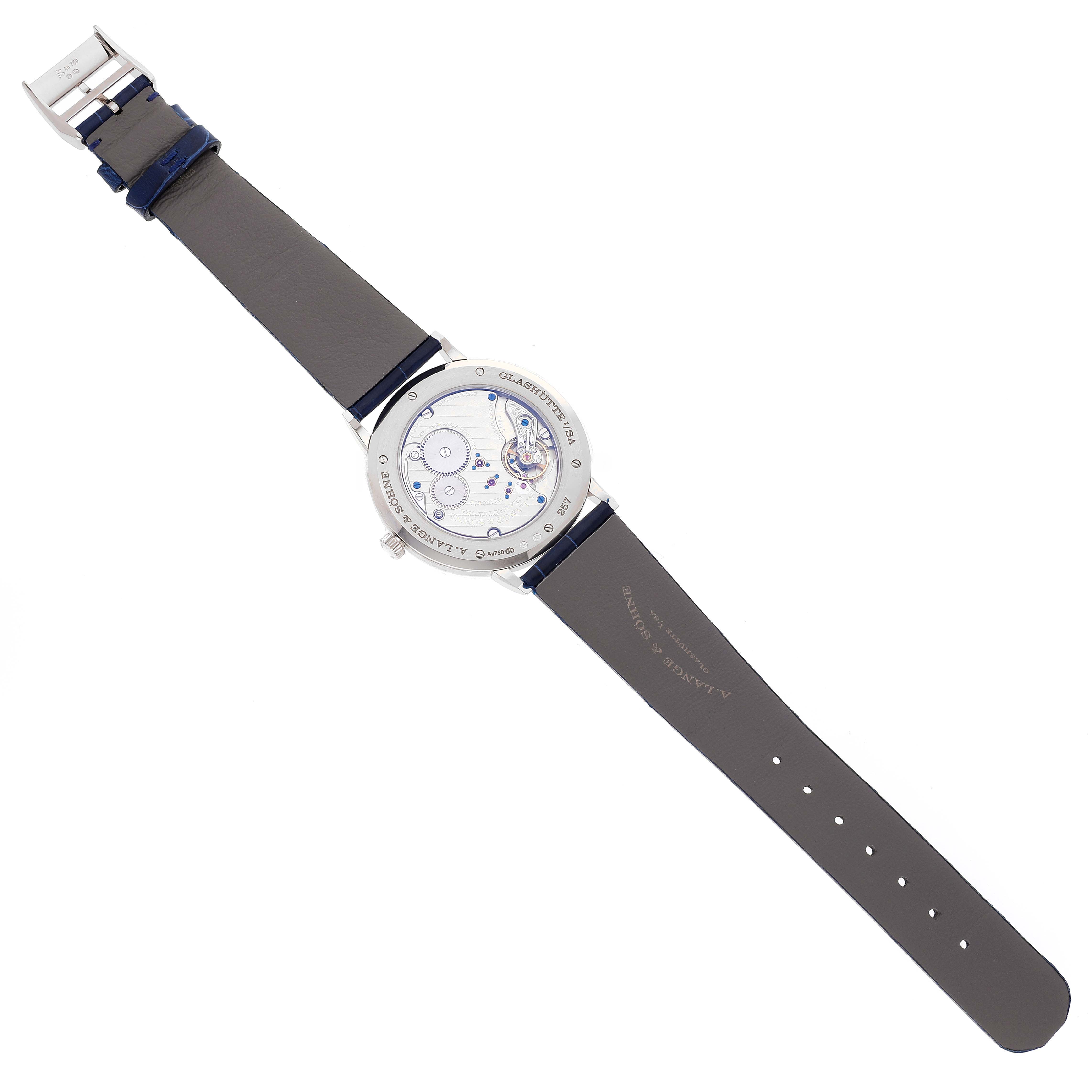 The image shows the back view of an A. Lange & Sohne Saxonia 205.086 / LSLS2053AX Men's White Gold Blue Dial model with the movement and strap visible.