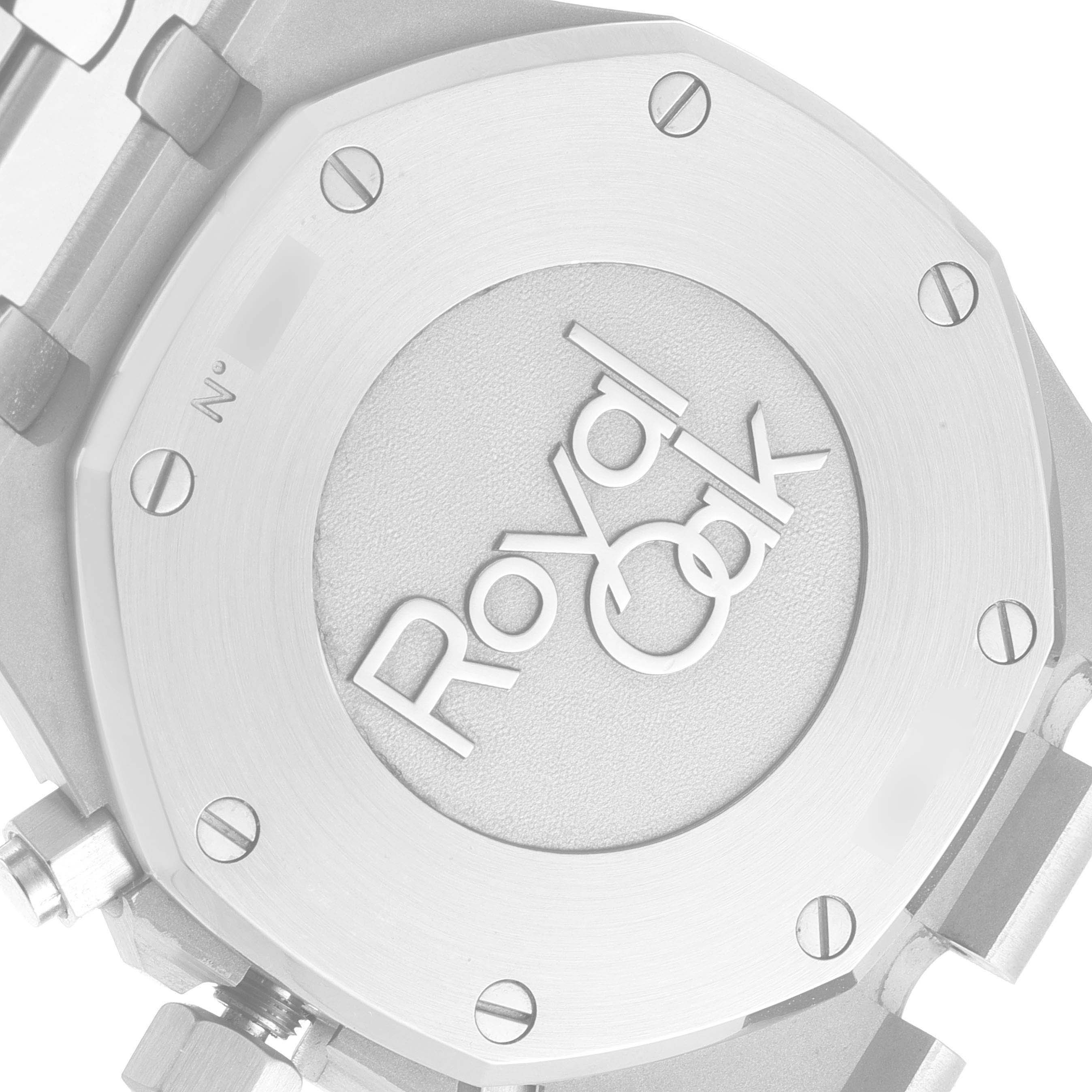 The image shows the back of a Royal Oak watch by Audemars Piguet, highlighting the case back and bracelet.