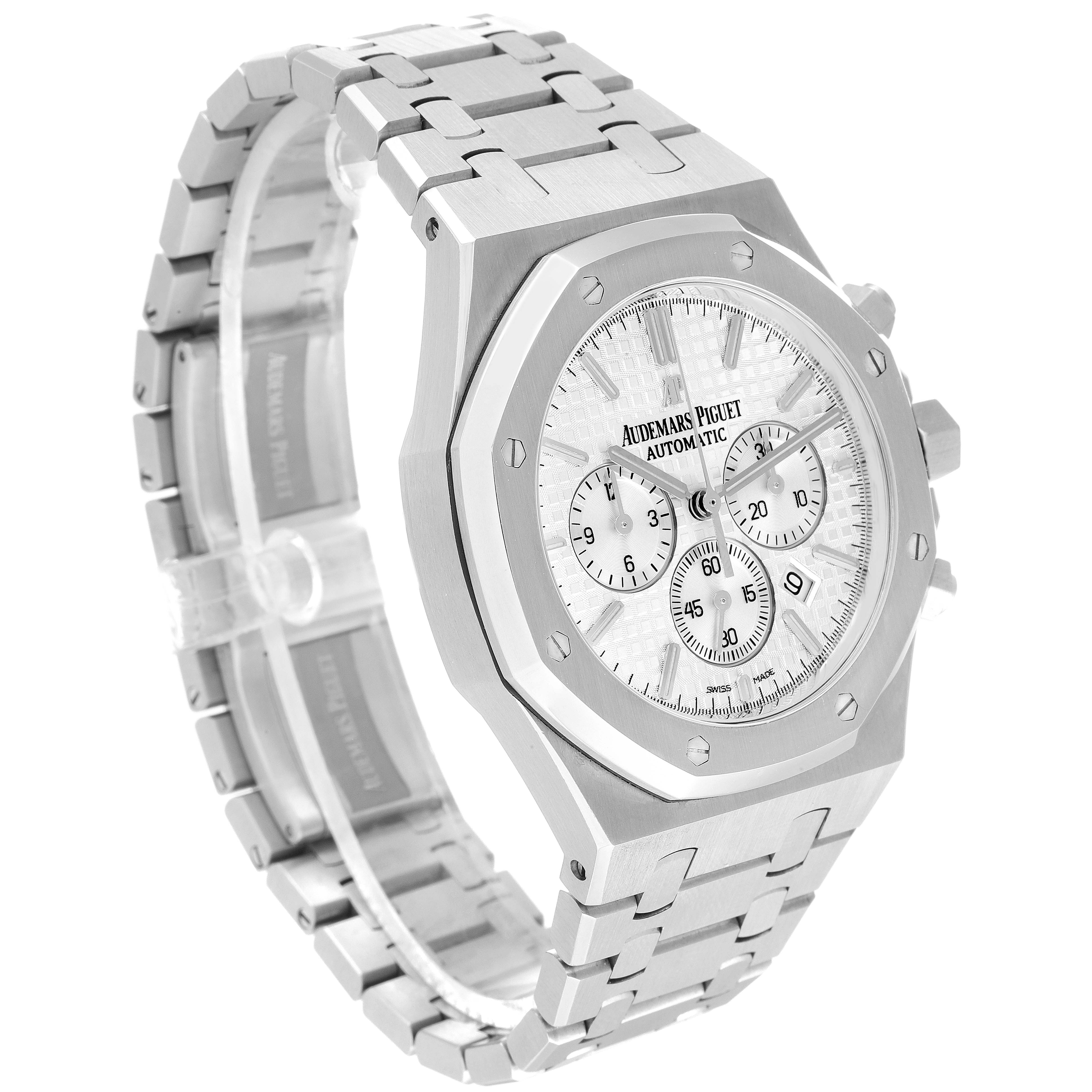 The image shows the front and side view of the Audemars Piguet Royal Oak 26320ST.OO.1220ST.02 Men's Stainless Steel Silver Dial 26320ST.OO.1220ST.02 Men's Stainless Steel Silver Dial watch, highlighting the dial, bezel, and bracelet.