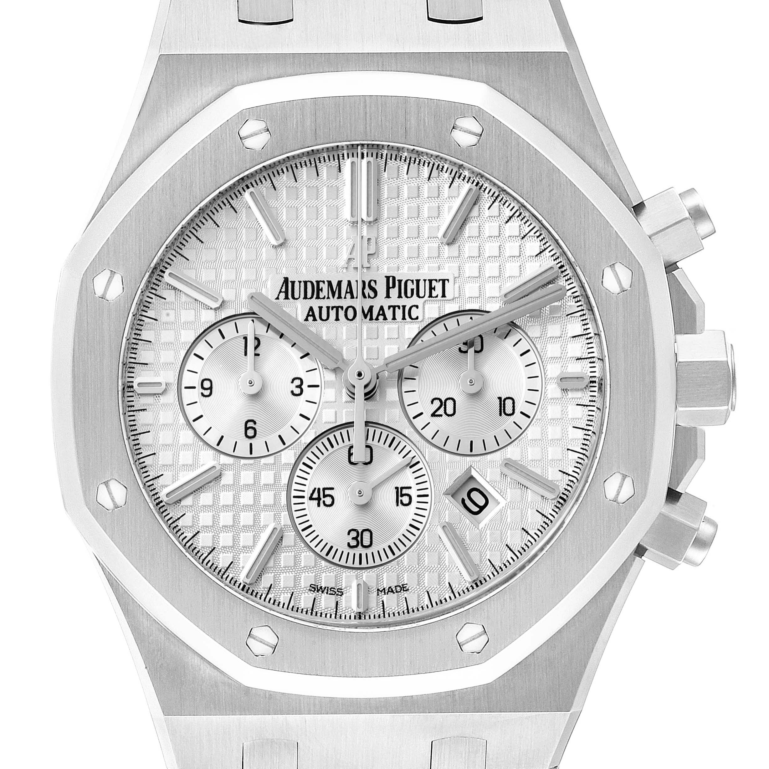 The close-up image shows the dial, bezel, subdials, and pushers of the Audemars Piguet Royal Oak 26320ST.OO.1220ST.02 Men's Stainless Steel Silver Dial 26320ST.OO.1220ST.02 Men's Stainless Steel Silver Dial watch.