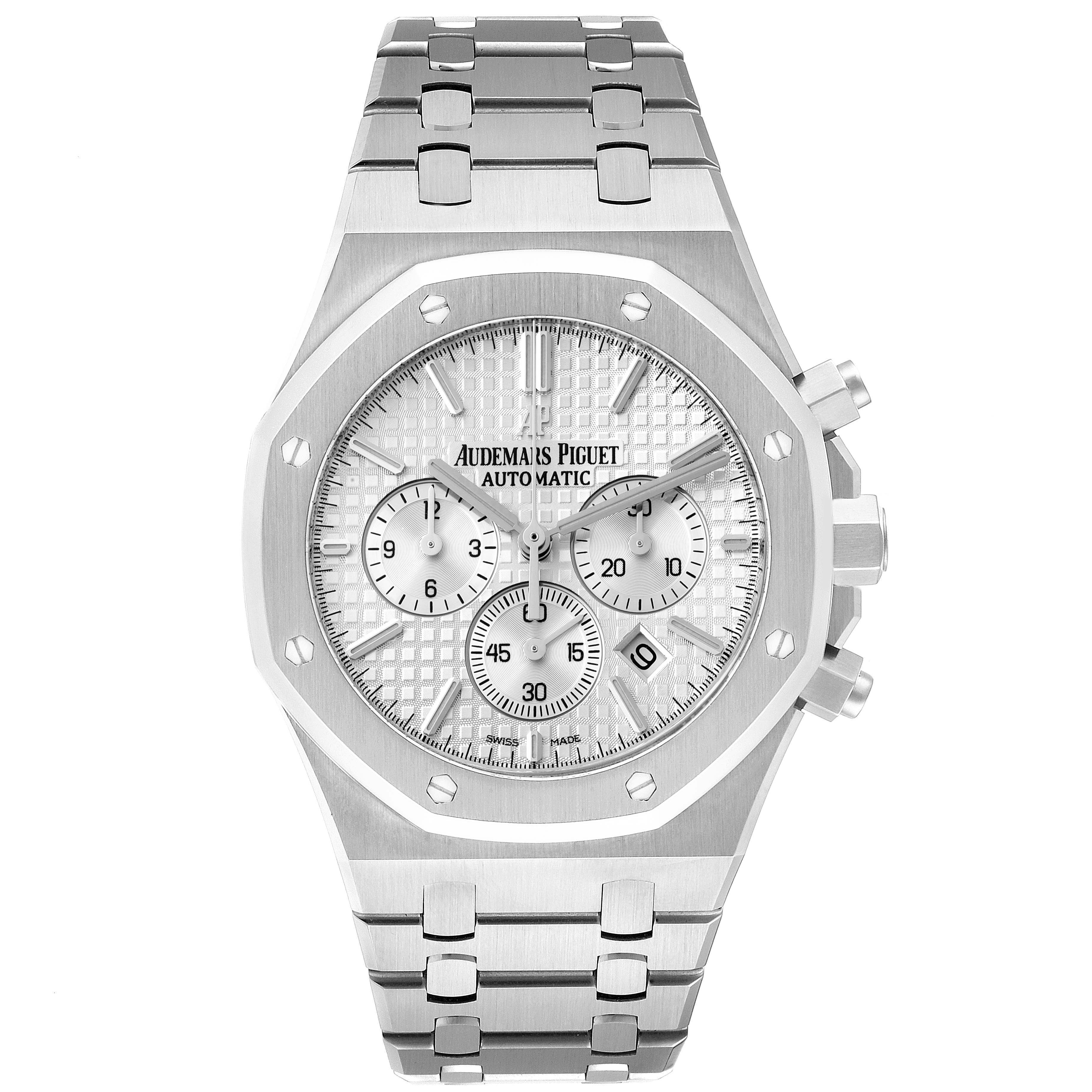 This image shows a front view of an Audemars Piguet Royal Oak 26320ST.OO.1220ST.02 Men's Stainless Steel Silver Dial 26320ST.OO.1220ST.02 Men's Stainless Steel Silver Dial watch, highlighting its dial, bezel, and stainless steel bracelet.