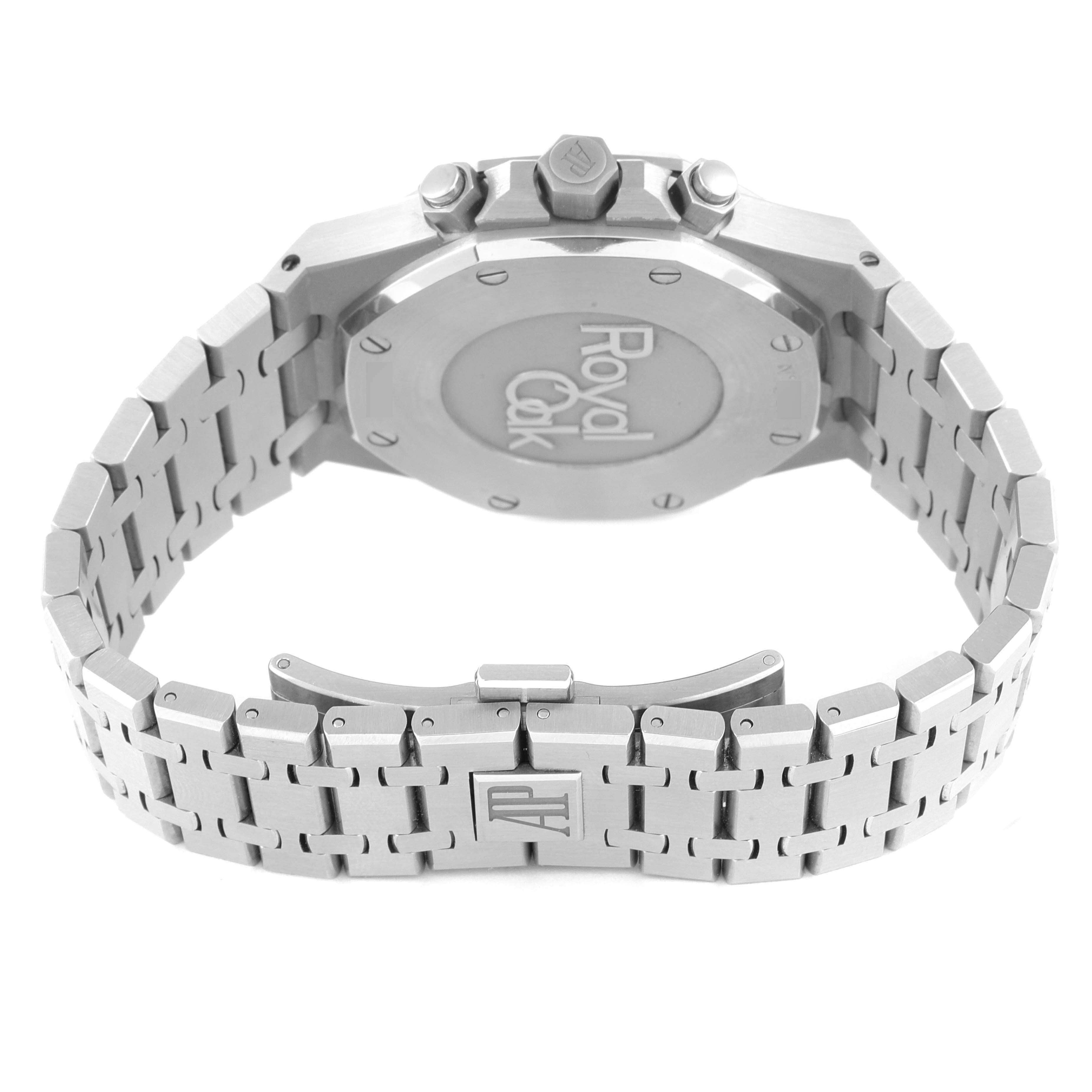 This image shows the back and clasp of an Audemars Piguet Royal Oak 26320ST.OO.1220ST.02 Men's Stainless Steel Silver Dial 26320ST.OO.1220ST.02 Men's Stainless Steel Silver Dial watch, highlighting the case back and metal bracelet.