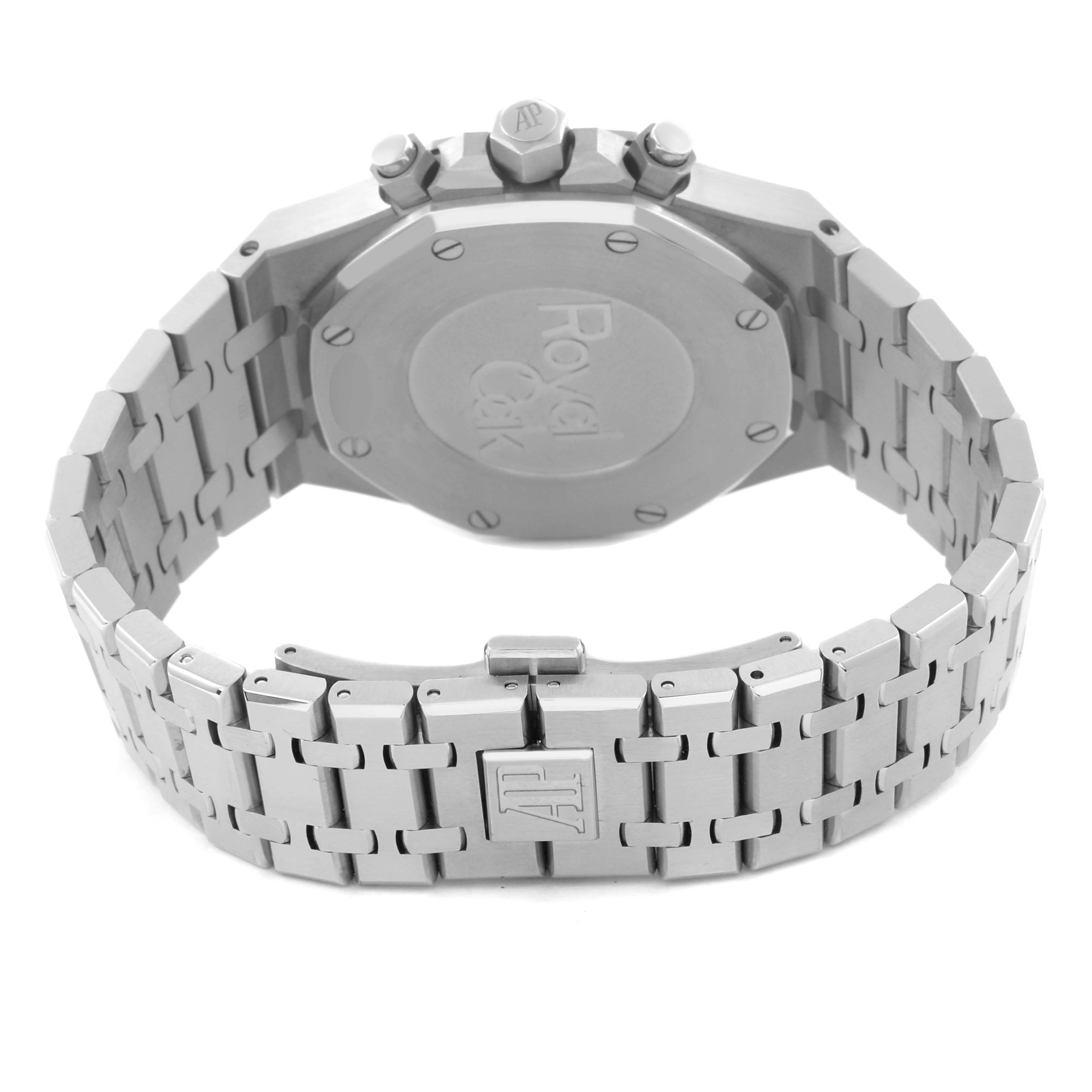 The image shows the back view of an Audemars Piguet Royal Oak 26331ST.OO.1220ST.02 Men's Stainless Steel Black Dial 26331ST.OO.1220ST.02 Men's Stainless Steel Black Dial watch, highlighting the case back, bracelet, and clasp.