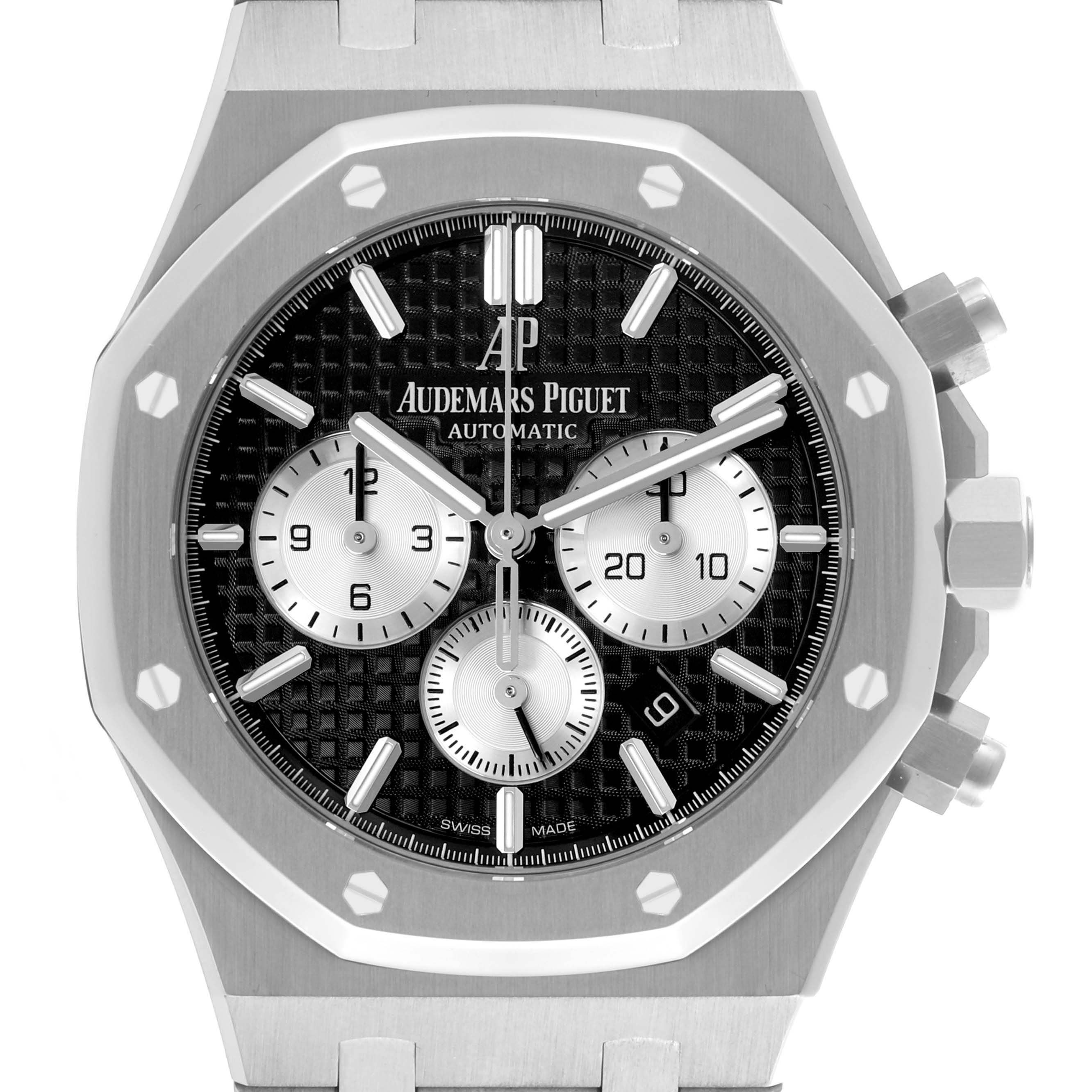 The Audemars Piguet Royal Oak 26331ST.OO.1220ST.02 Men's Stainless Steel Black Dial 26331ST.OO.1220ST.02 Men's Stainless Steel Black Dial is shown from the front, displaying its dial, bezel, and pushers.