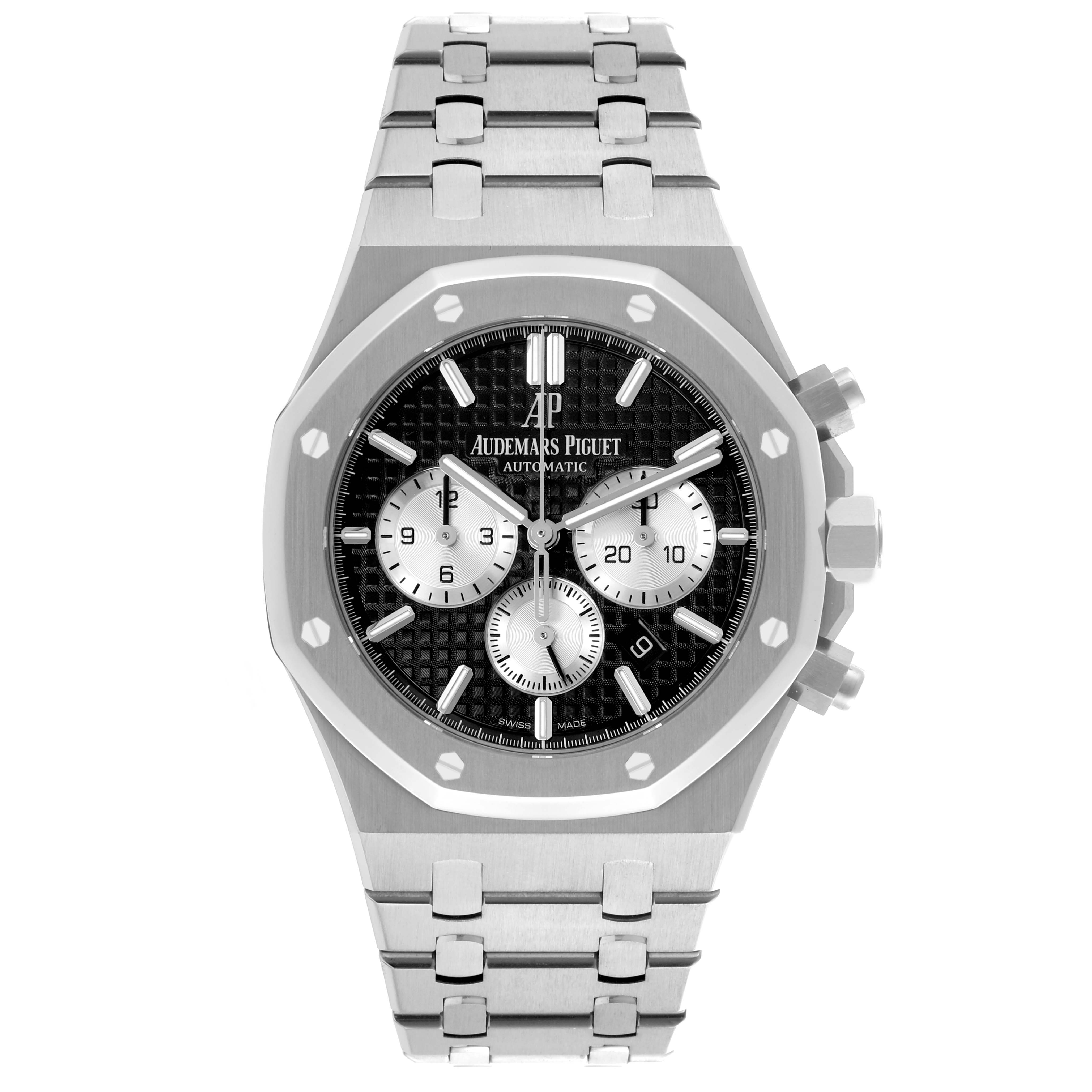 The Audemars Piguet Royal Oak 26331ST.OO.1220ST.02 Men's Stainless Steel Black Dial 26331ST.OO.1220ST.02 Men's Stainless Steel Black Dial watch is shown from a front angle, highlighting the face, bezel, and bracelet.