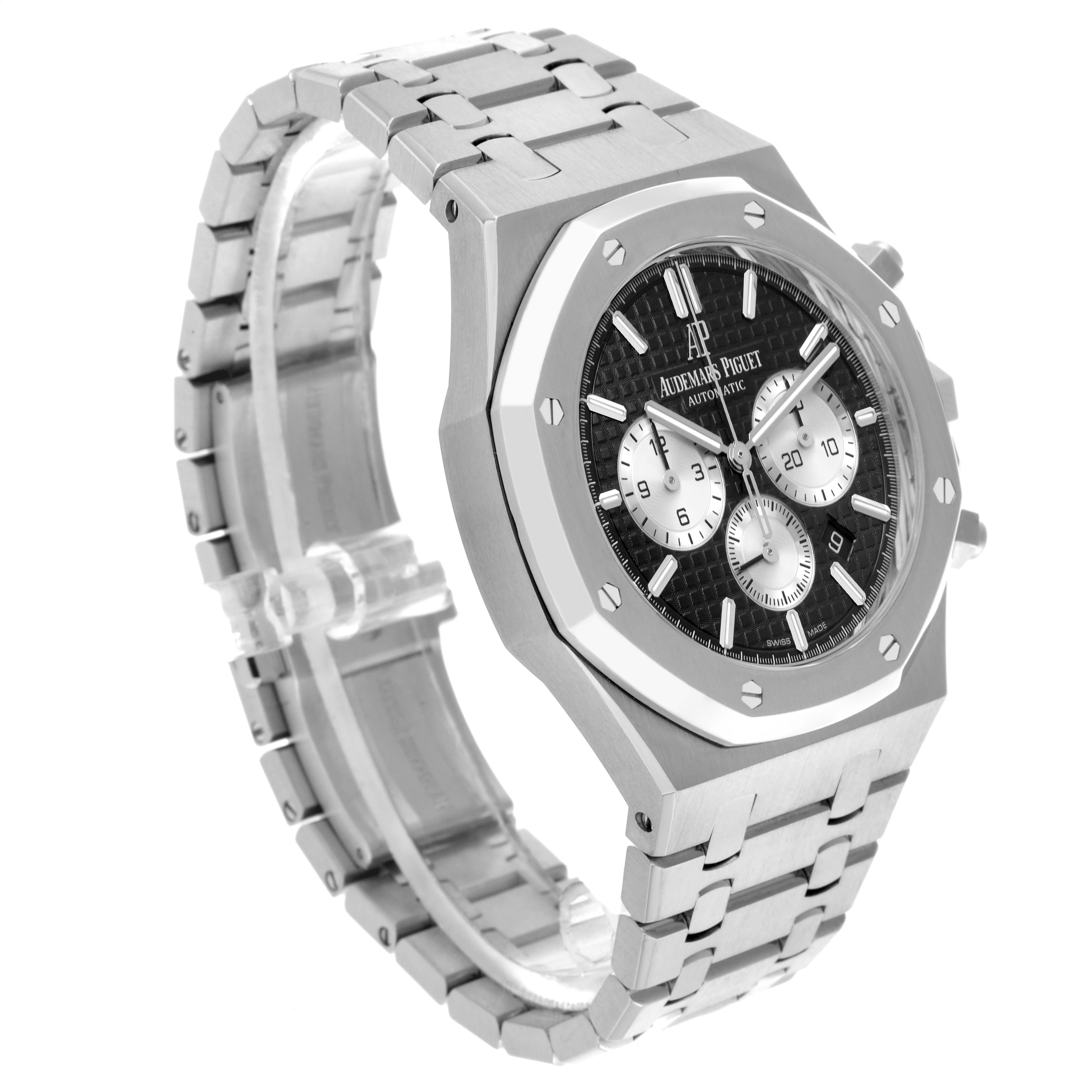 The Audemars Piguet Royal Oak 26331ST.OO.1220ST.02 Men's Stainless Steel Black Dial 26331ST.OO.1220ST.02 Men's Stainless Steel Black Dial watch is shown at a three-quarter angle, highlighting its face, bezel, and metal bracelet.