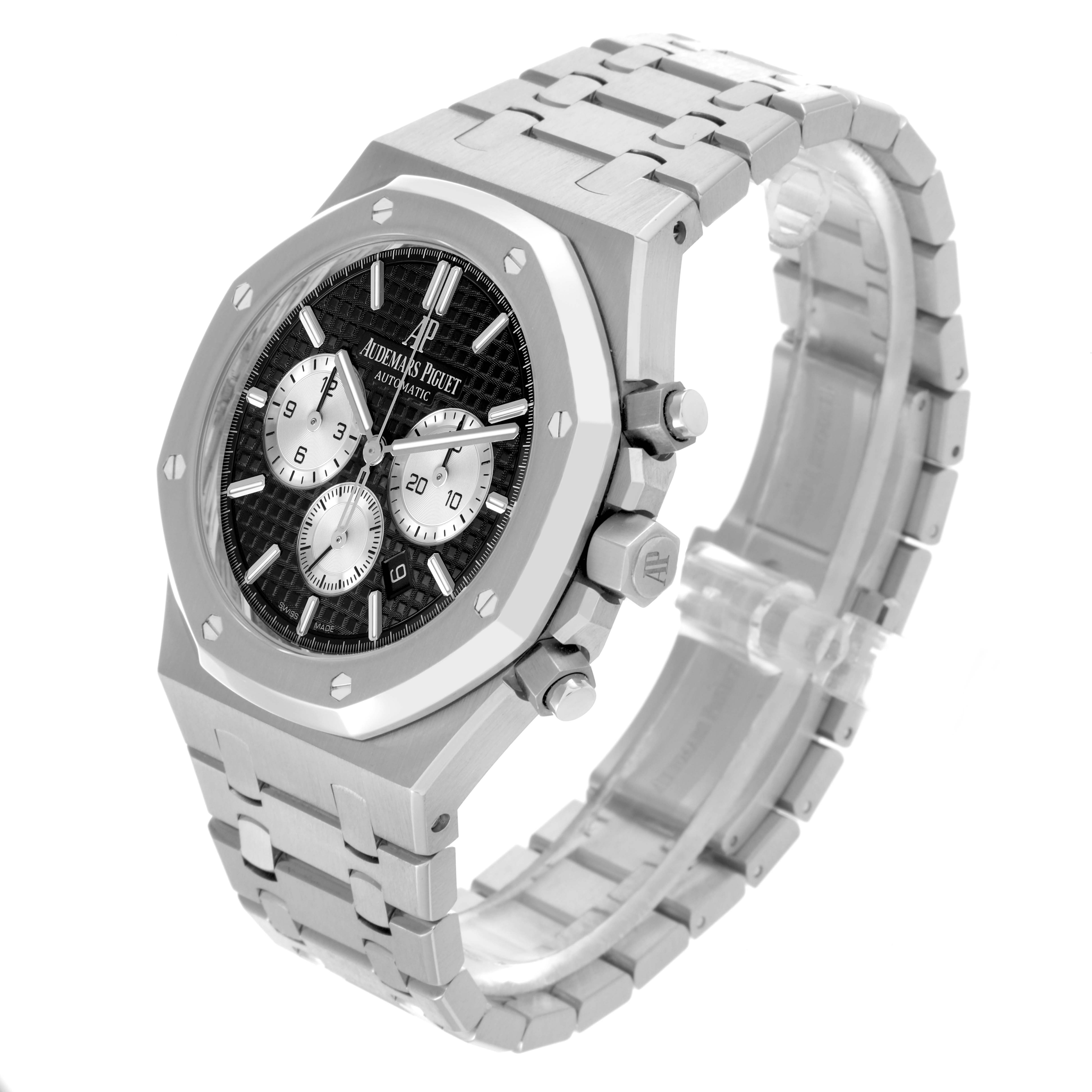 The watch is shown at a three-quarter angle, highlighting the face, bezel, and bracelet of the Audemars Piguet Royal Oak 26331ST.OO.1220ST.02 Men's Stainless Steel Black Dial 26331ST.OO.1220ST.02 Men's Stainless Steel Black Dial model.