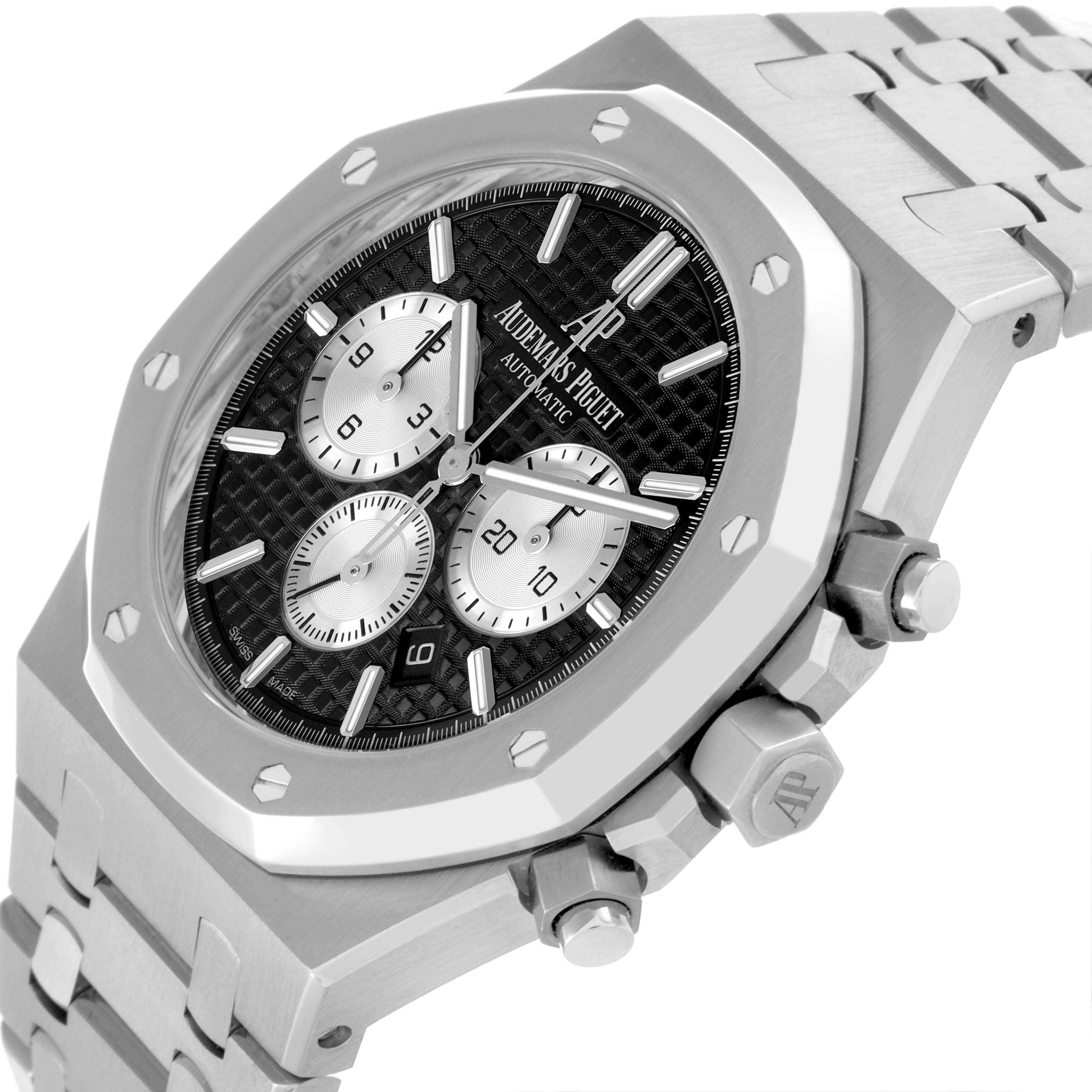 The Audemars Piguet Royal Oak 26331ST.OO.1220ST.02 Men's Stainless Steel Black Dial 26331ST.OO.1220ST.02 Men's Stainless Steel Black Dial is shown at an angle highlighting the case, bezel, crown, pushers, and part of the bracelet.