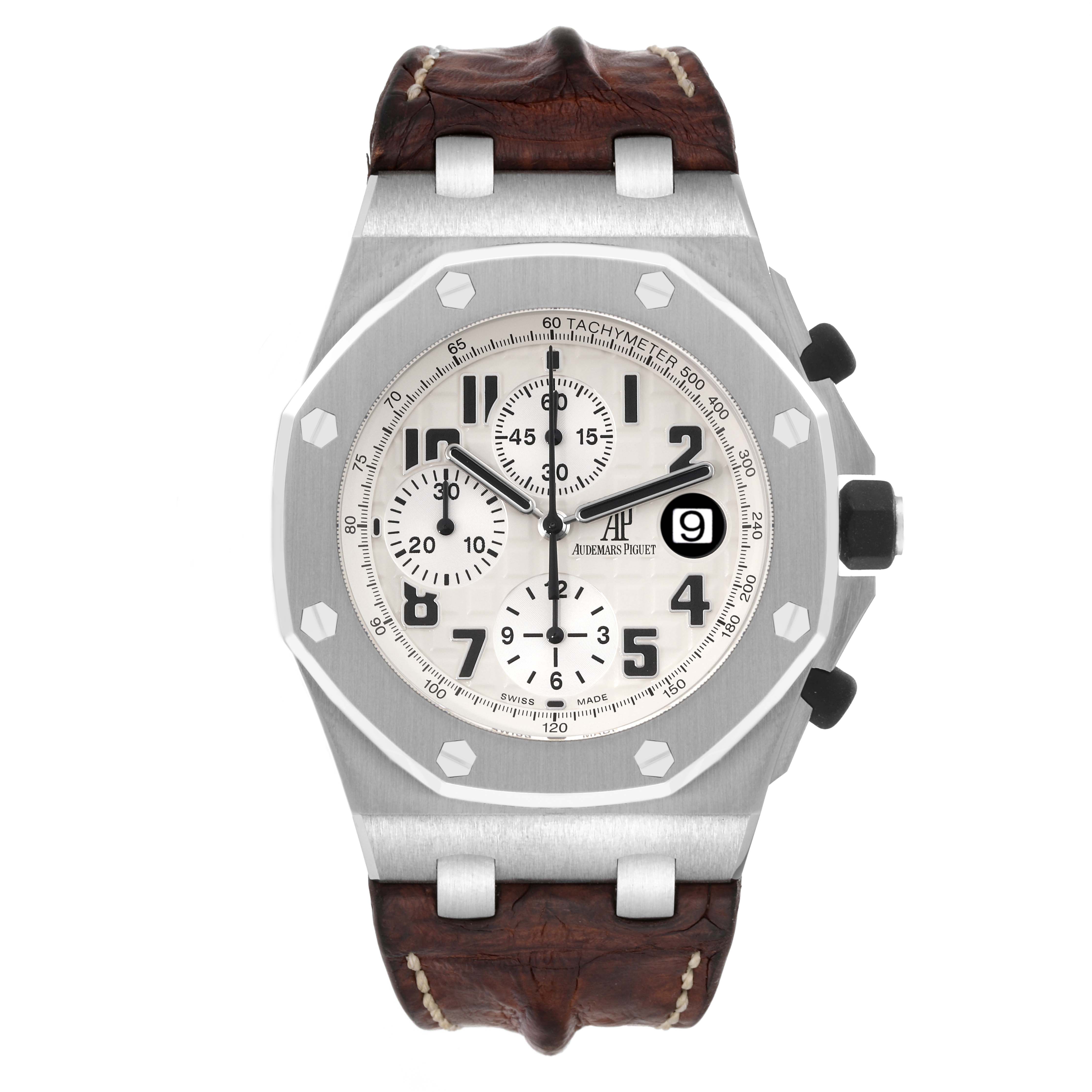 This image shows a top-down view of the Audemars Piguet Royal Oak Offshore 26170ST.OO.D091CR.01 Men's Stainless Steel Silver Dial 26170ST.OO.D091CR.01 Men's Stainless Steel Silver Dial watch with its dial, bezel, and leather strap visible.