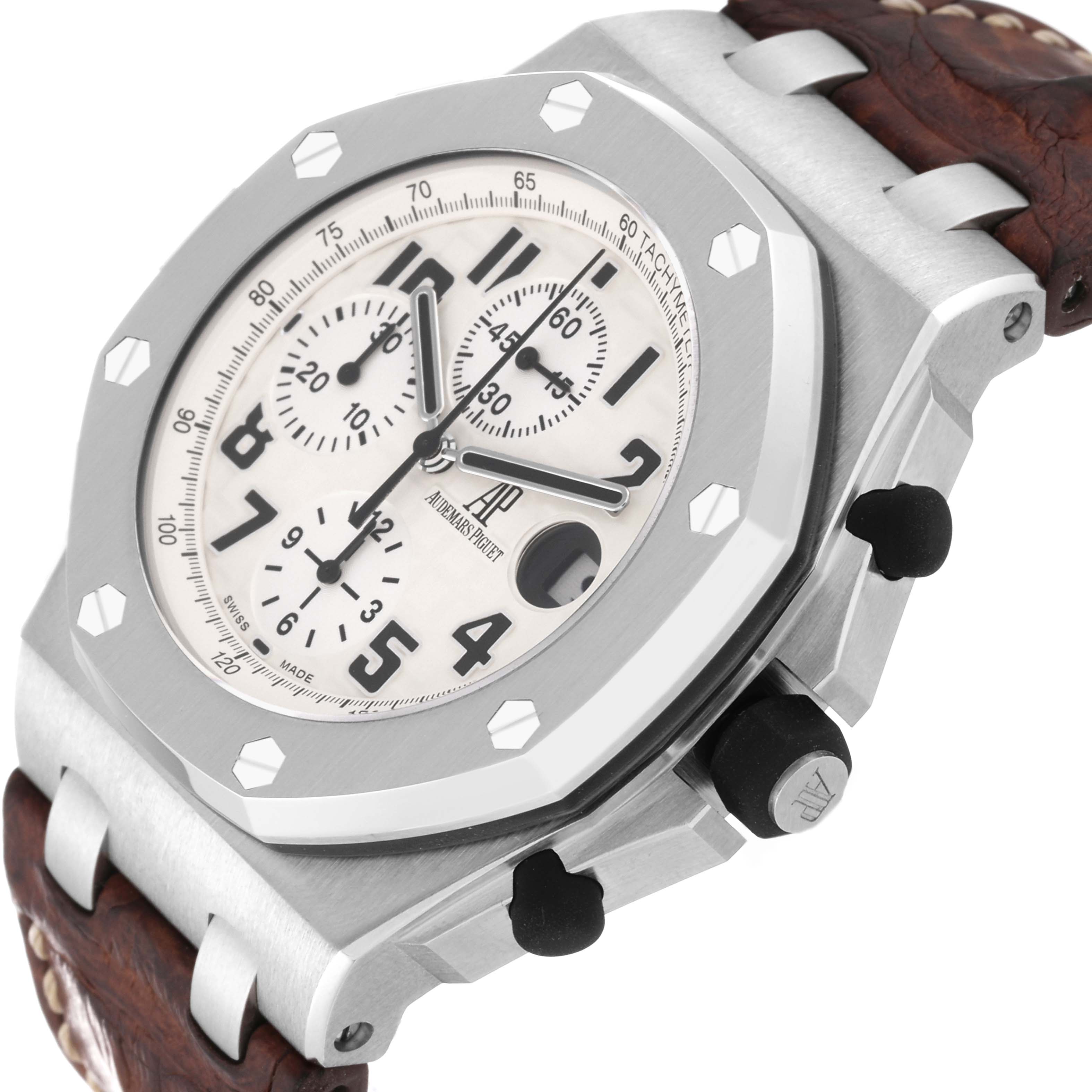 This is a three-quarter angle view of the Audemars Piguet Royal Oak Offshore 26170ST.OO.D091CR.01 Men's Stainless Steel Silver Dial 26170ST.OO.D091CR.01 Men's Stainless Steel Silver Dial watch, highlighting the dial, bezel, and part of the leather strap.