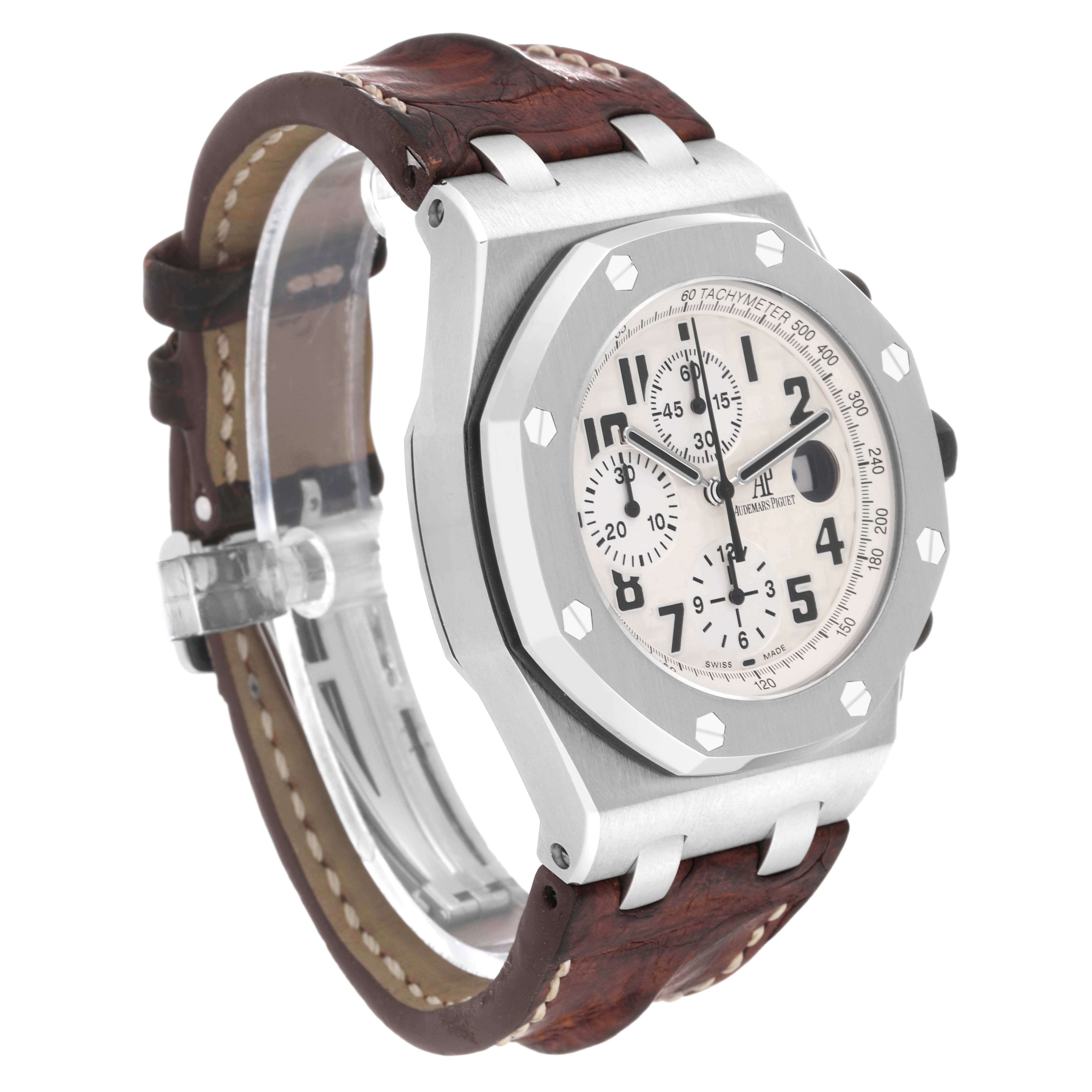 This image shows a side view of an Audemars Piguet Royal Oak Offshore 26170ST.OO.D091CR.01 Men's Stainless Steel Silver Dial 26170ST.OO.D091CR.01 Men's Stainless Steel Silver Dial watch, highlighting its bezel, dial, and leather strap.