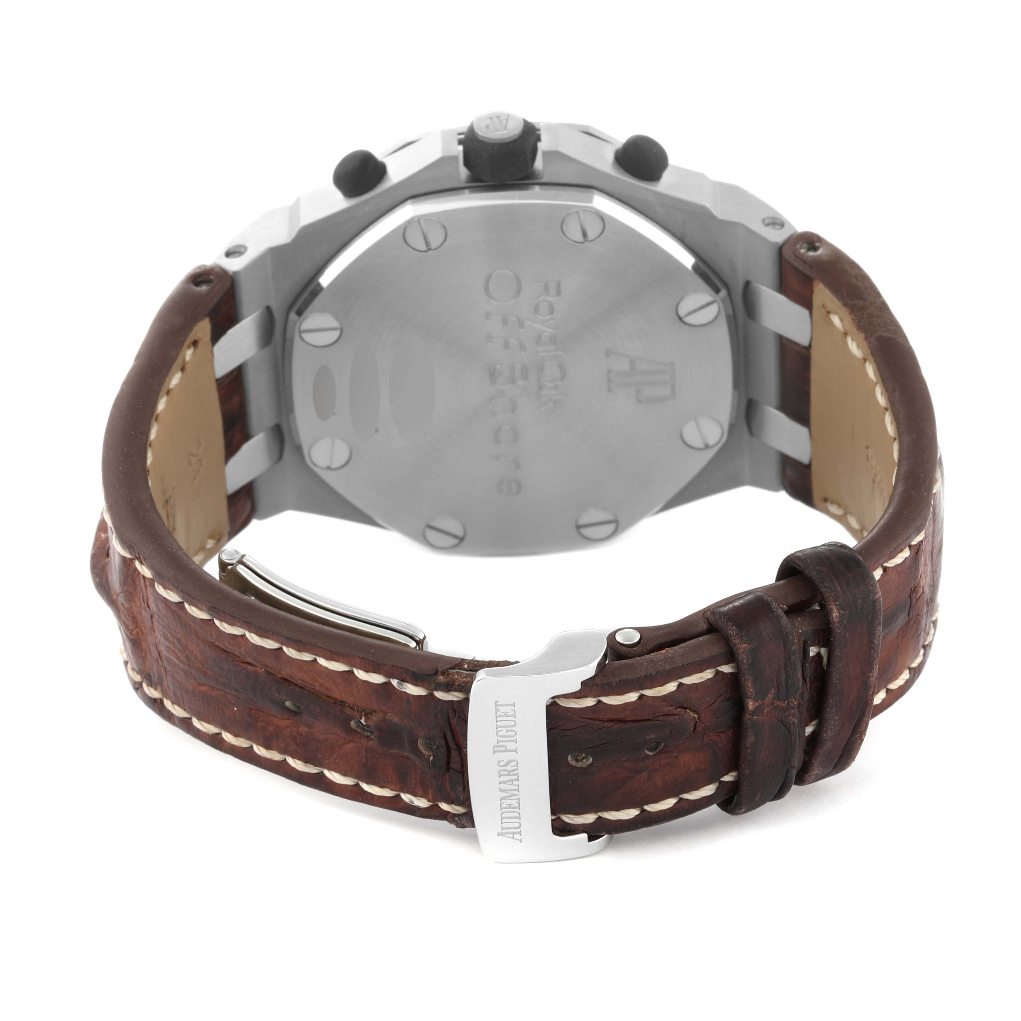 This image shows the back view of the Audemars Piguet Royal Oak Offshore 26170ST.OO.D091CR.01 Men's Stainless Steel Silver Dial 26170ST.OO.D091CR.01 Men's Stainless Steel Silver Dial model, highlighting the leather strap and case back.
