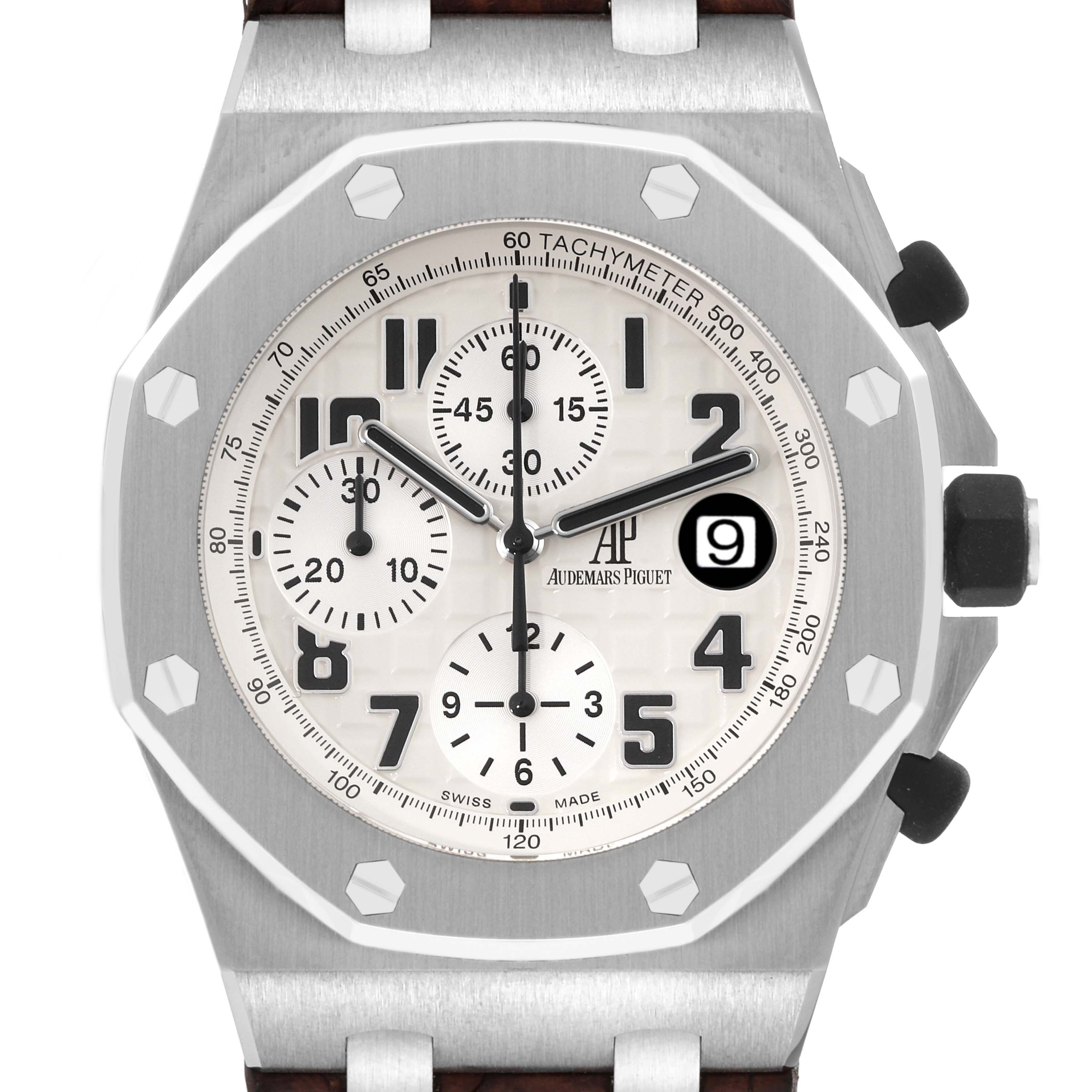 This image shows a frontal view of the Audemars Piguet Royal Oak Offshore 26170ST.OO.D091CR.01 Men's Stainless Steel Silver Dial 26170ST.OO.D091CR.01 Men's Stainless Steel Silver Dial, highlighting the dial, bezel, subdials, and date window.