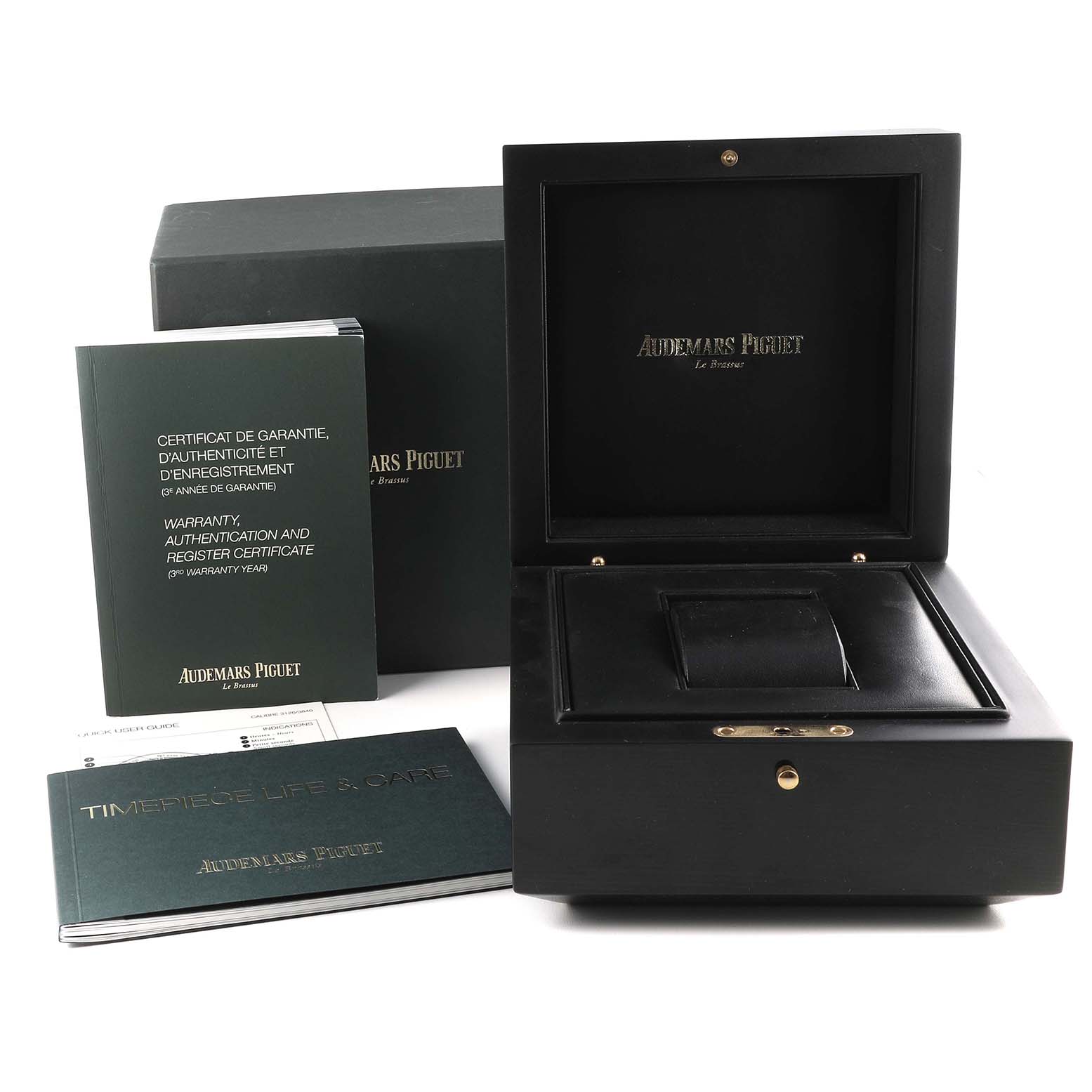 The image shows the packaging and documentation for an Audemars Piguet Royal Oak Offshore 26170ST.OO.D091CR.01 Men's Stainless Steel Silver Dial 26170ST.OO.D091CR.01 Men's Stainless Steel Silver Dial watch.