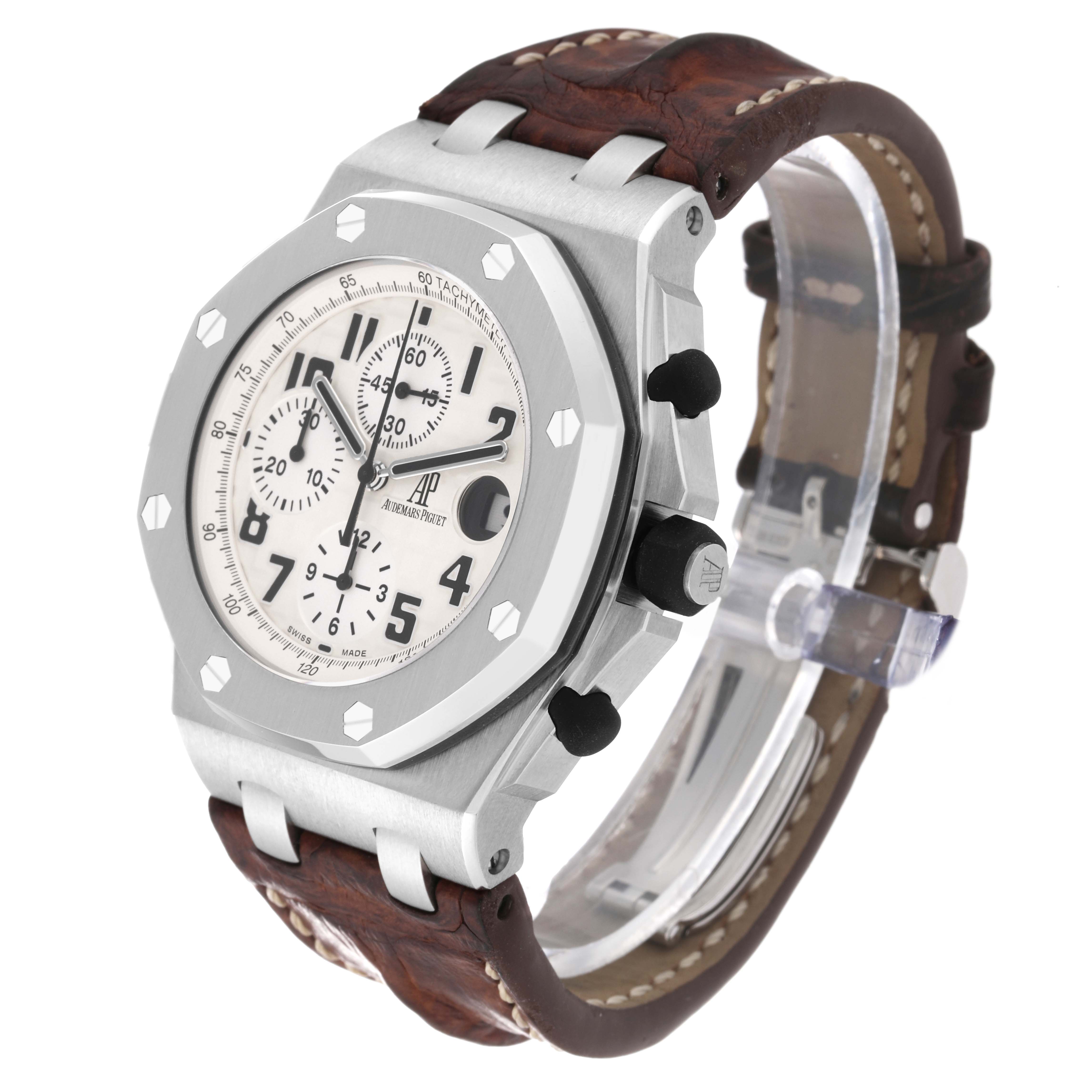 The image shows a front angled view of the Audemars Piguet Royal Oak Offshore 26170ST.OO.D091CR.01 Men's Stainless Steel Silver Dial 26170ST.OO.D091CR.01 Men's Stainless Steel Silver Dial watch, highlighting its face, bezel, and leather strap.
