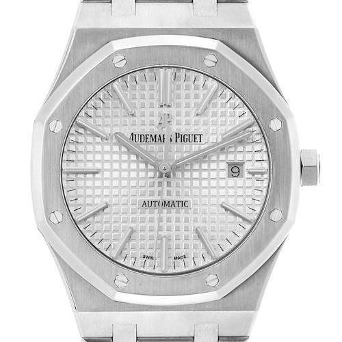The Audemars Piguet Royal Oak 15400ST.OO.1220ST.02 Men's Stainless Steel Silver Dial watch is shown from the front, featuring its dial, bezel, and part of the bracelet.