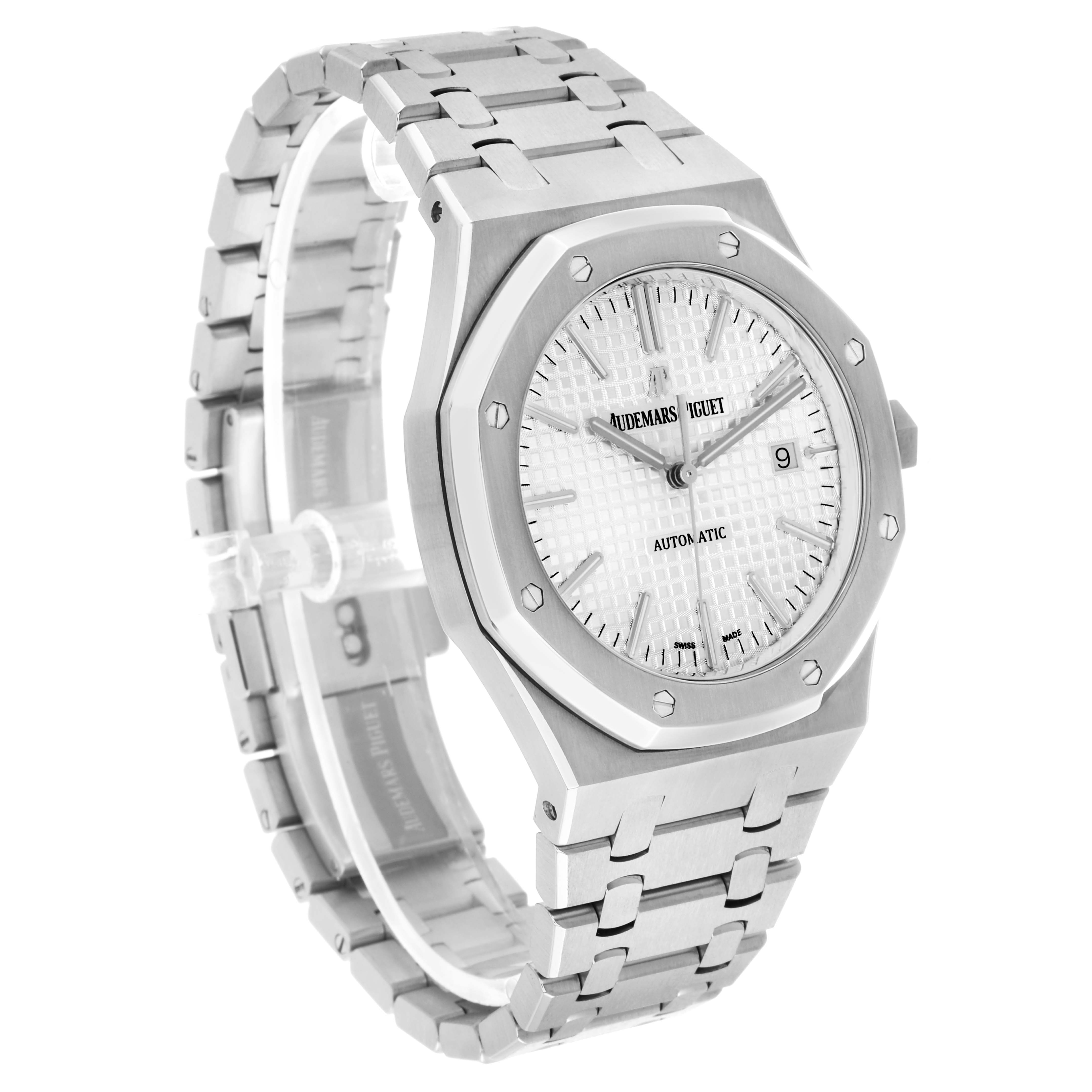 The Audemars Piguet Royal Oak 15400ST.OO.1220ST.02 Men's Stainless Steel Silver Dial watch is shown at a three-quarter angle, highlighting its dial, bezel, and bracelet.