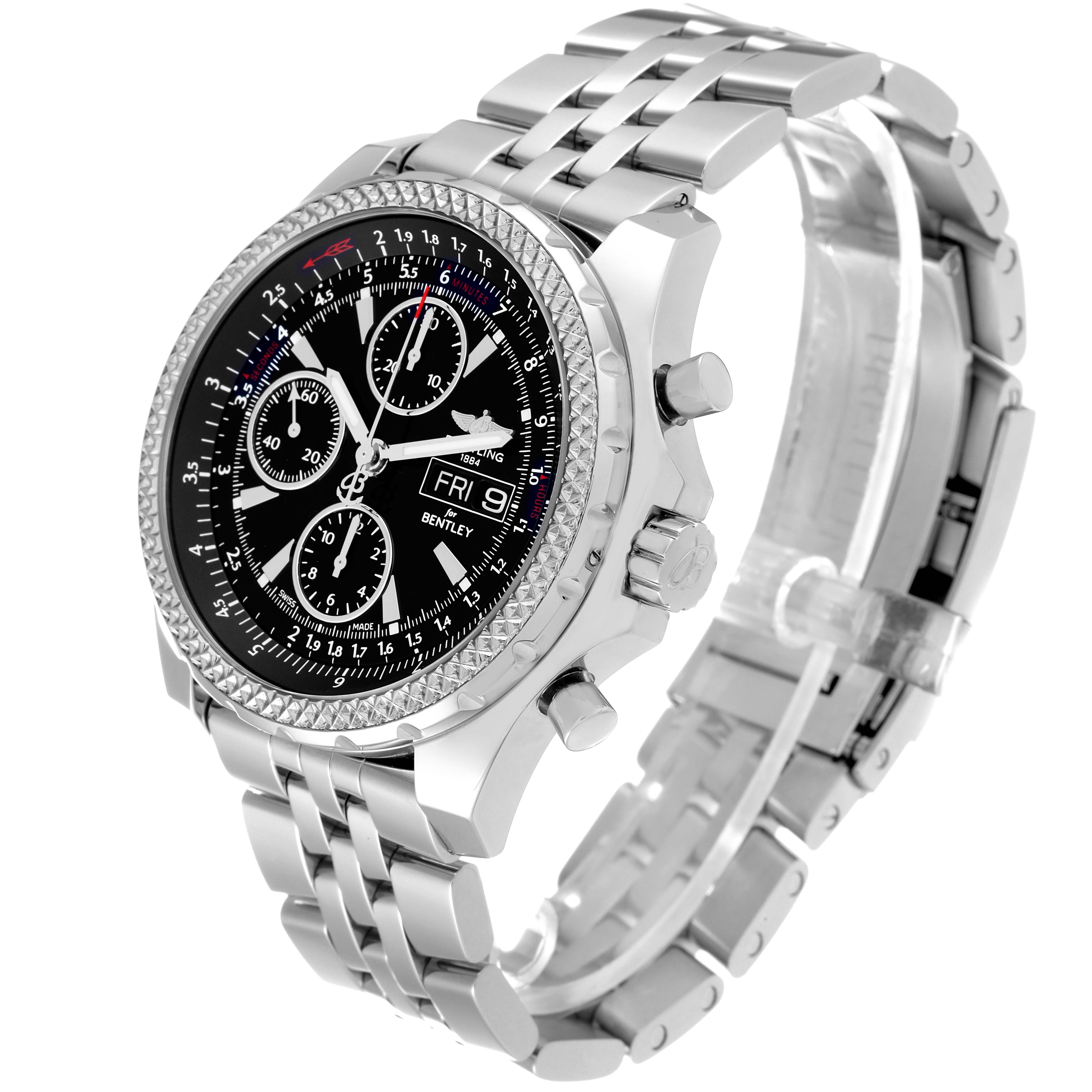 The image shows a Breitling Bentley A1336224/BB57 Men's Stainless Steel Black Dial A1336224/BB57 Men's Stainless Steel Black Dial watch at a three-quarter angle, highlighting the face, bezel, crown, and metal bracelet.