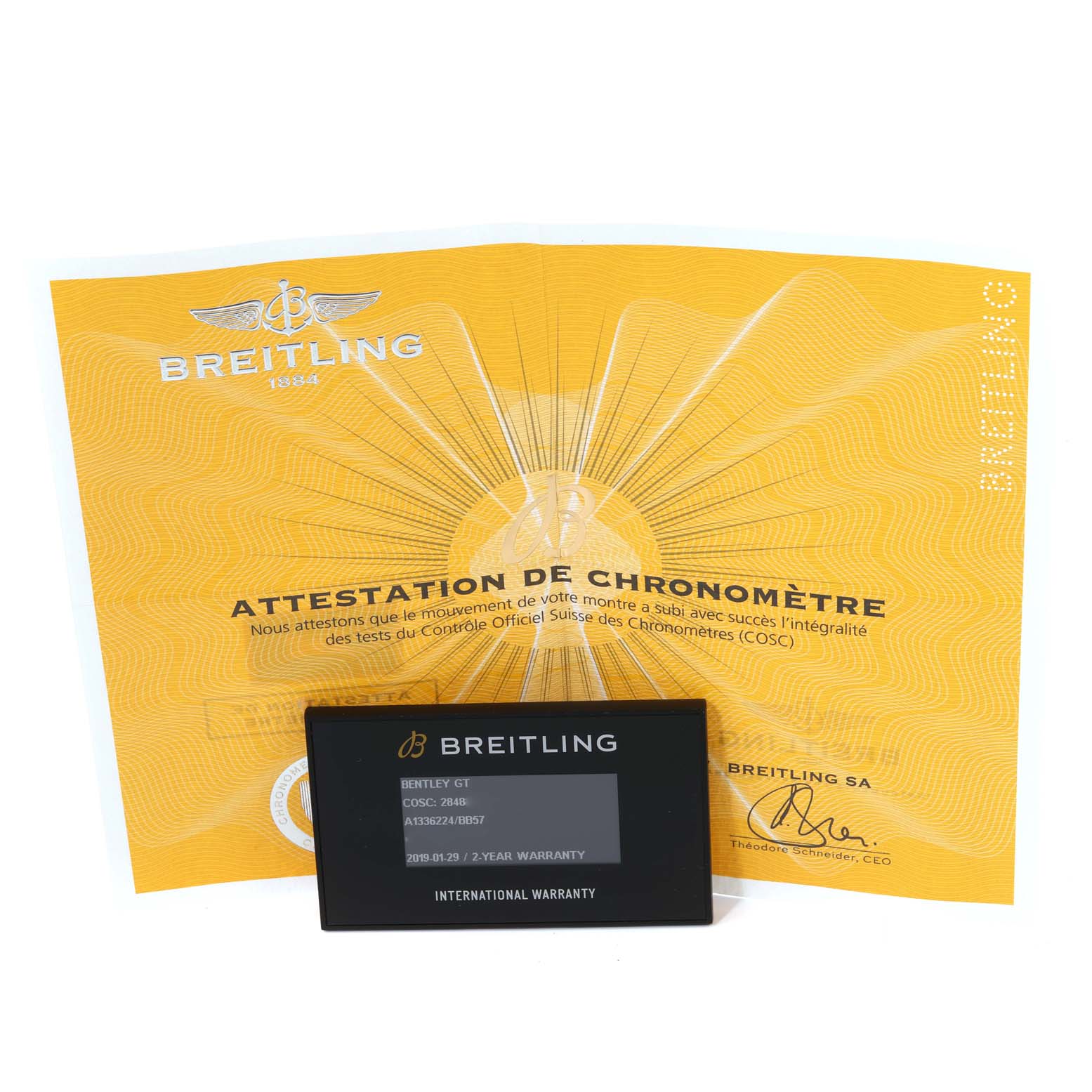 The image shows the certificate and international warranty card for the Breitling Bentley A1336224/BB57 Men's Stainless Steel Black Dial A1336224/BB57 Men's Stainless Steel Black Dial model watch.