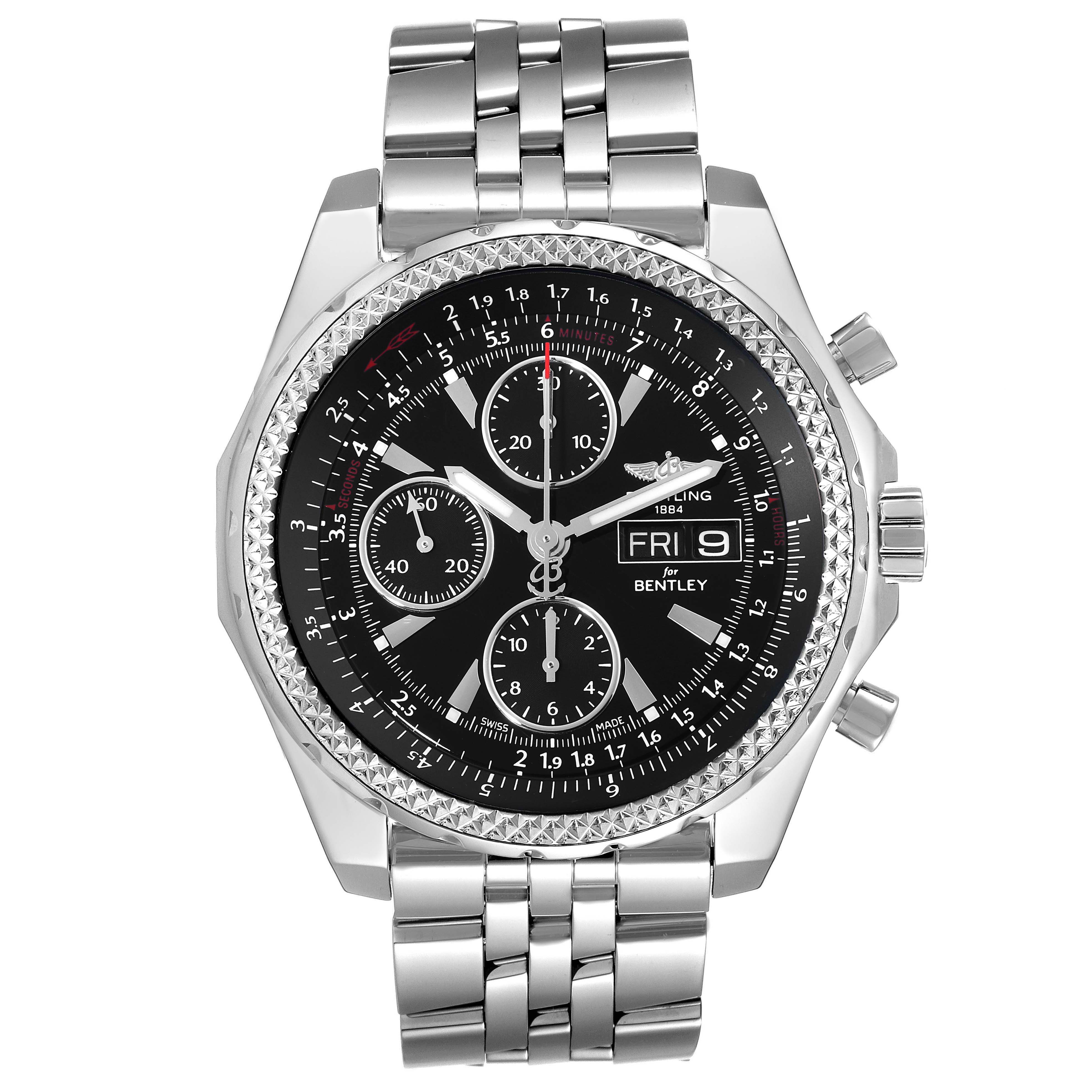 The image shows a front view of a Breitling Bentley A1336224/BB57 Men's Stainless Steel Black Dial A1336224/BB57 Men's Stainless Steel Black Dial model watch with a black dial and stainless steel bracelet.