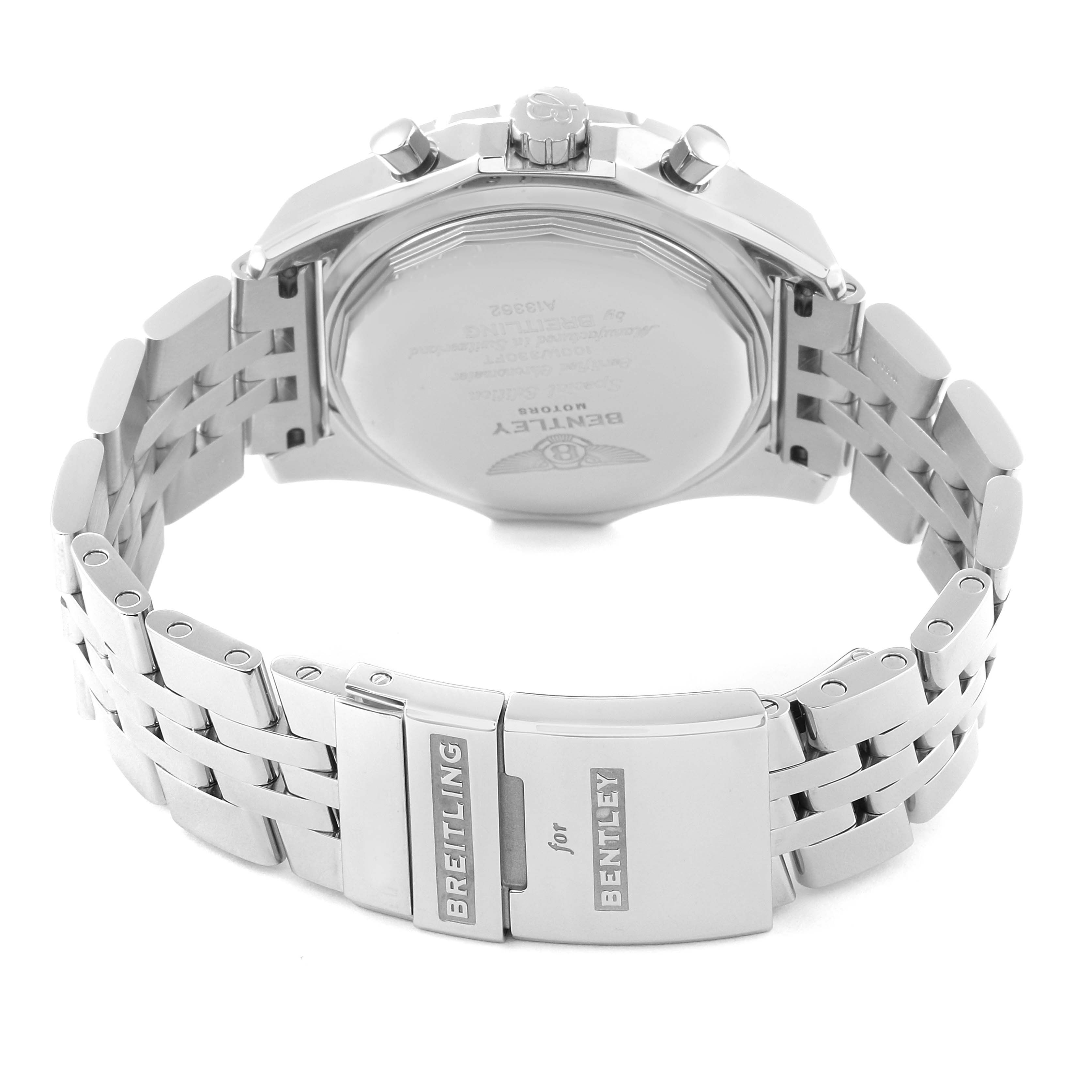 This image shows the back and bracelet clasp of a Breitling Bentley A1336224/BB57 Men's Stainless Steel Black Dial A1336224/BB57 Men's Stainless Steel Black Dial model watch.