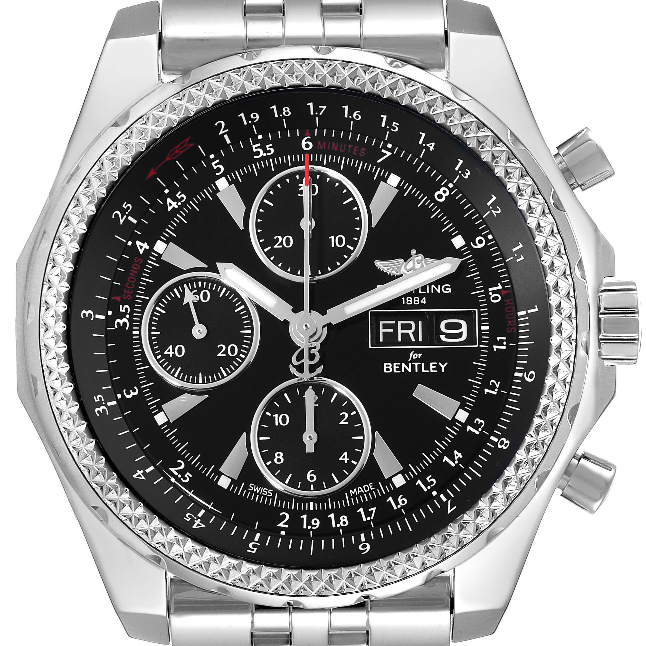 This is a front view of a Breitling Bentley A1336224/BB57 Men's Stainless Steel Black Dial A1336224/BB57 Men's Stainless Steel Black Dial model watch, showing the dial, bezel, and part of the bracelet.