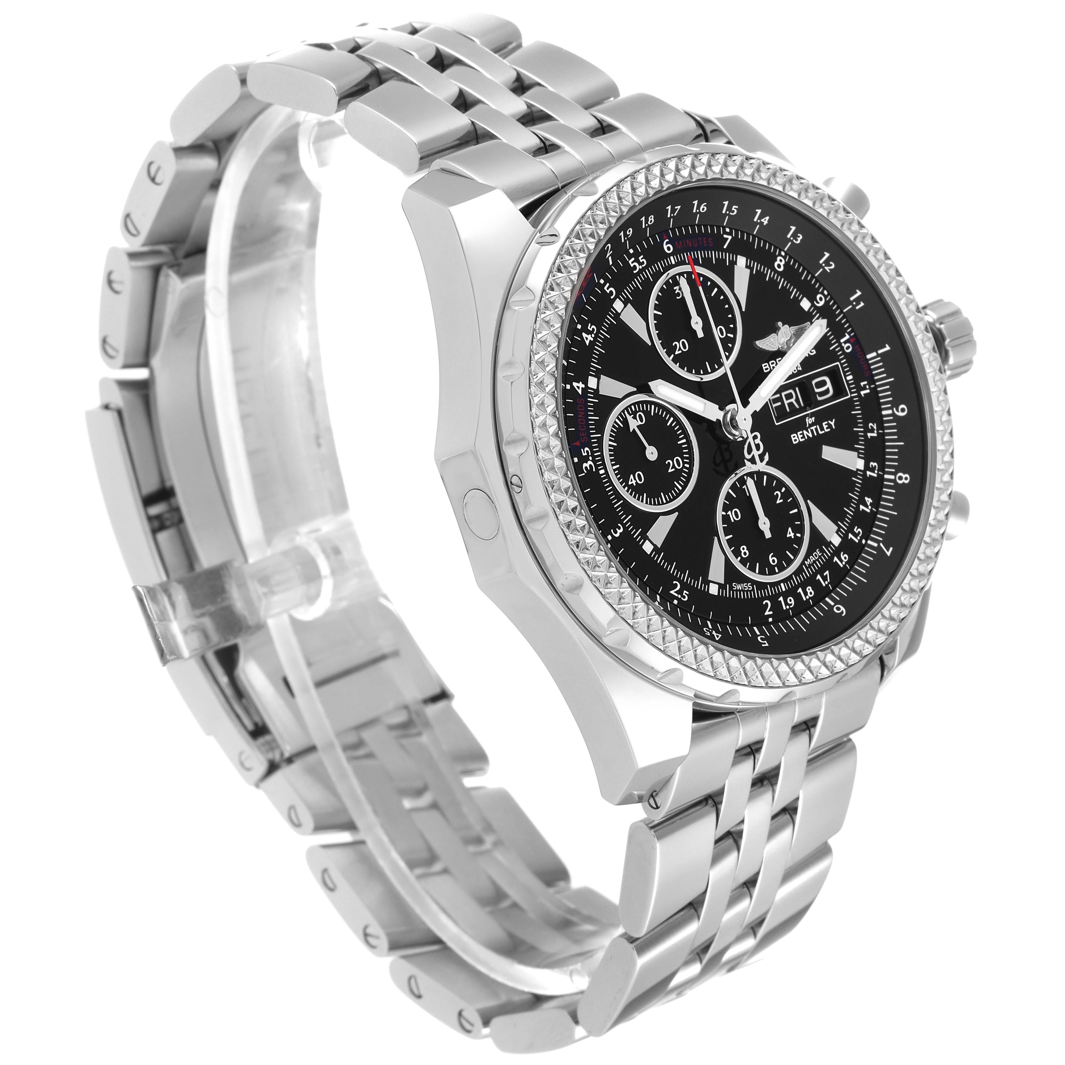 The image shows a side-angle view of a Breitling Bentley A1336224/BB57 Men's Stainless Steel Black Dial A1336224/BB57 Men's Stainless Steel Black Dial model watch, highlighting the bracelet, case, and dial.