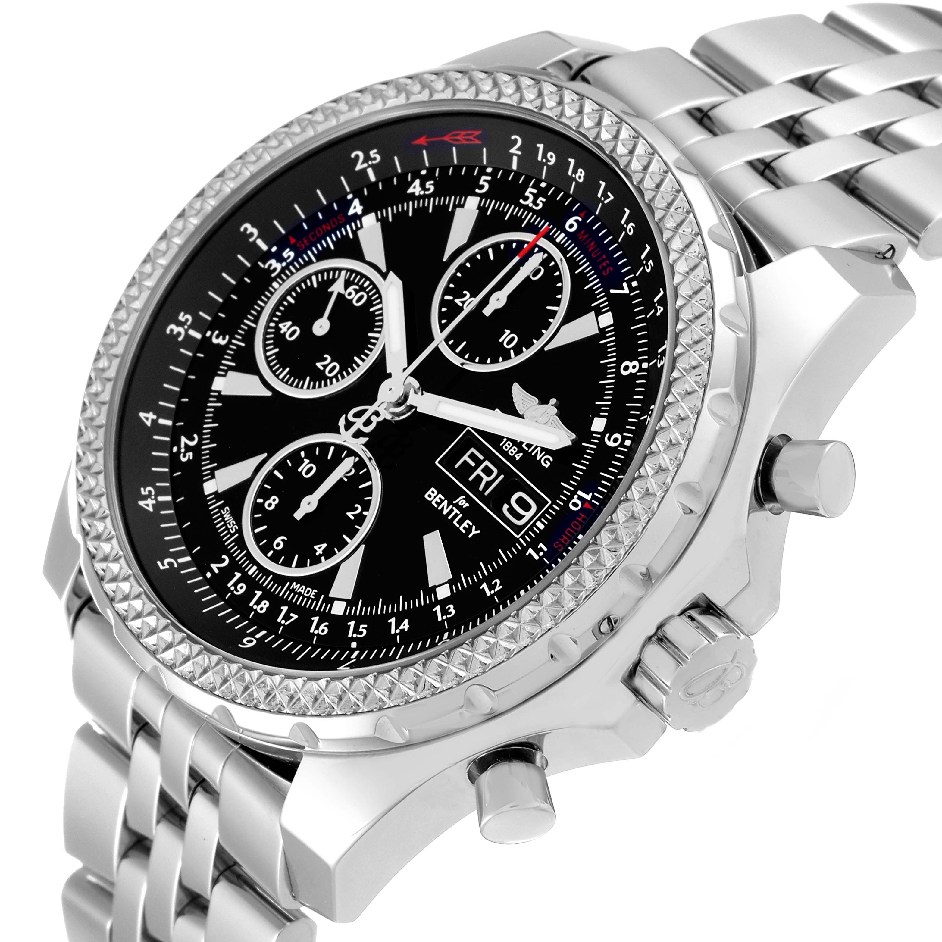 The Breitling Bentley A1336224/BB57 Men's Stainless Steel Black Dial A1336224/BB57 Men's Stainless Steel Black Dial watch is shown at an angled view displaying its dial, bezel, pushers, and stainless steel bracelet.