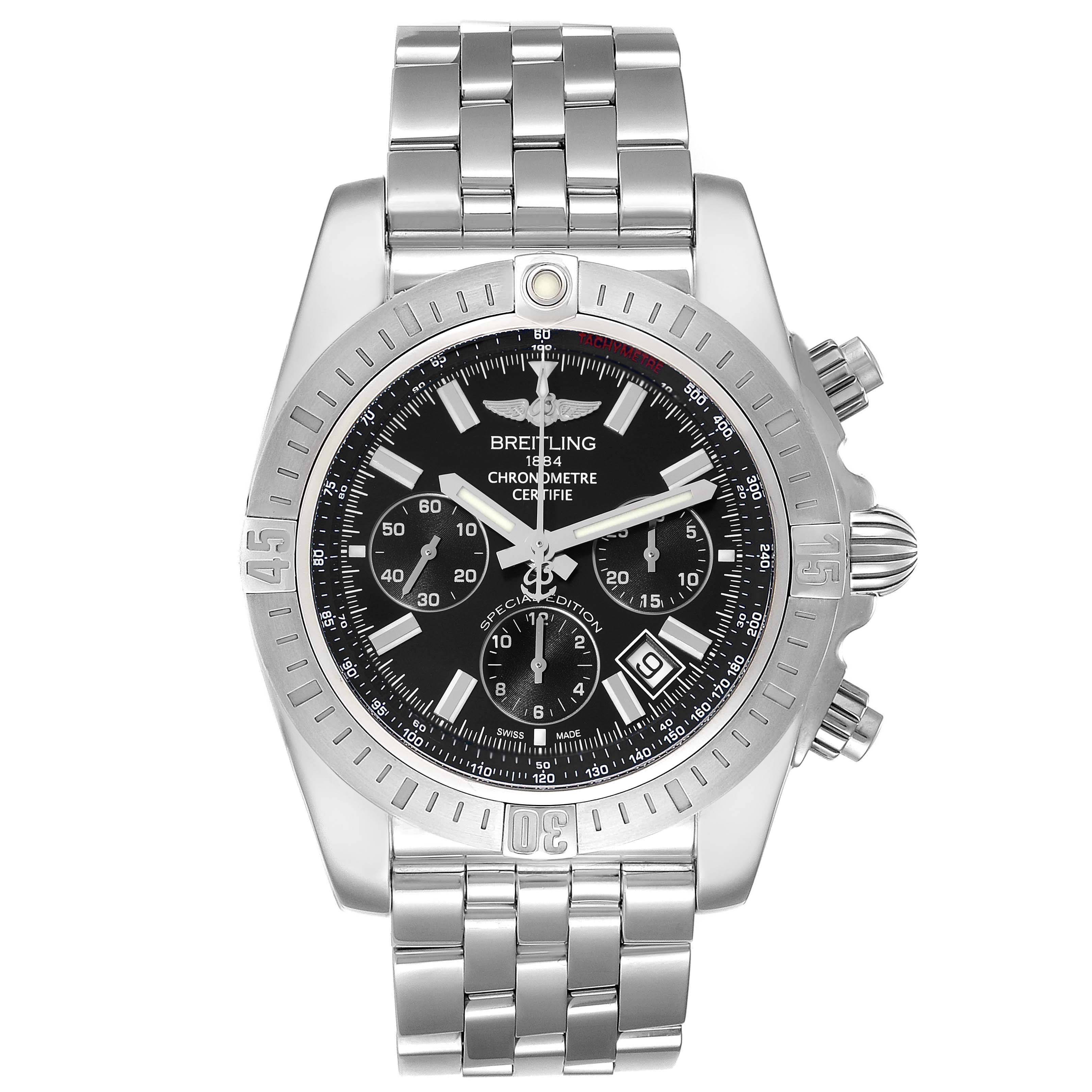 The image shows a front view of a Breitling Chronomat AB011511/BF70 Men
s Stainless Steel Black Dial AB011511/BF70 Men
s Stainless Steel Black Dial watch, displaying its face, bezel, crown, and stainless steel bracelet.
