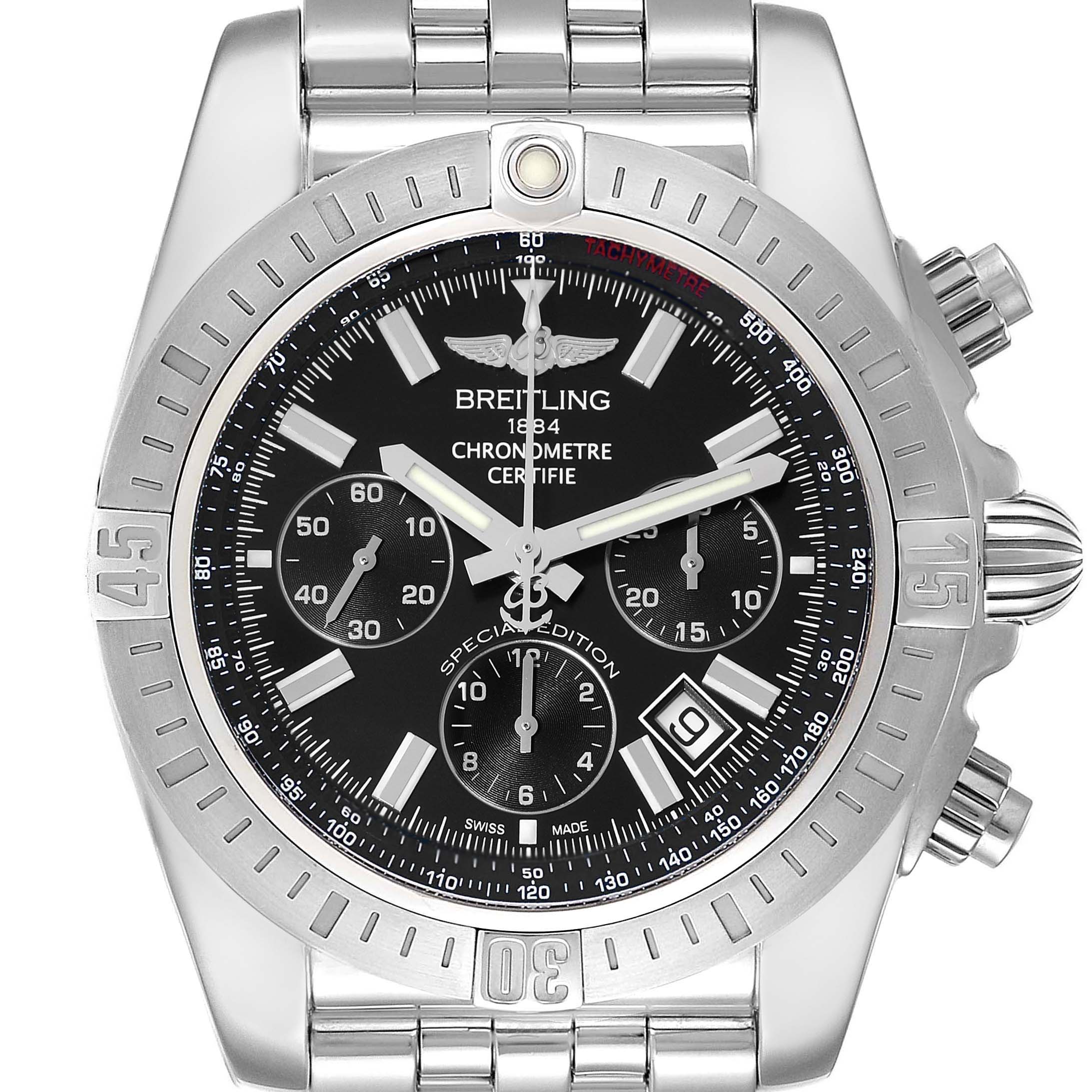 The image shows a frontal view of a Breitling Chronomat AB011511/BF70 Men
s Stainless Steel Black Dial AB011511/BF70 Men
s Stainless Steel Black Dial watch, highlighting its face, bezel, crown, and chronograph subdials.