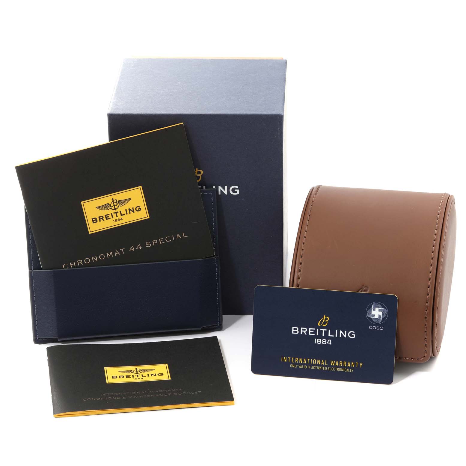 The image shows the accessories for a Breitling Chronomat AB011511/BF70 Men
s Stainless Steel Black Dial AB011511/BF70 Men
s Stainless Steel Black Dial model, including a box, leather case, warranty card, and manuals.