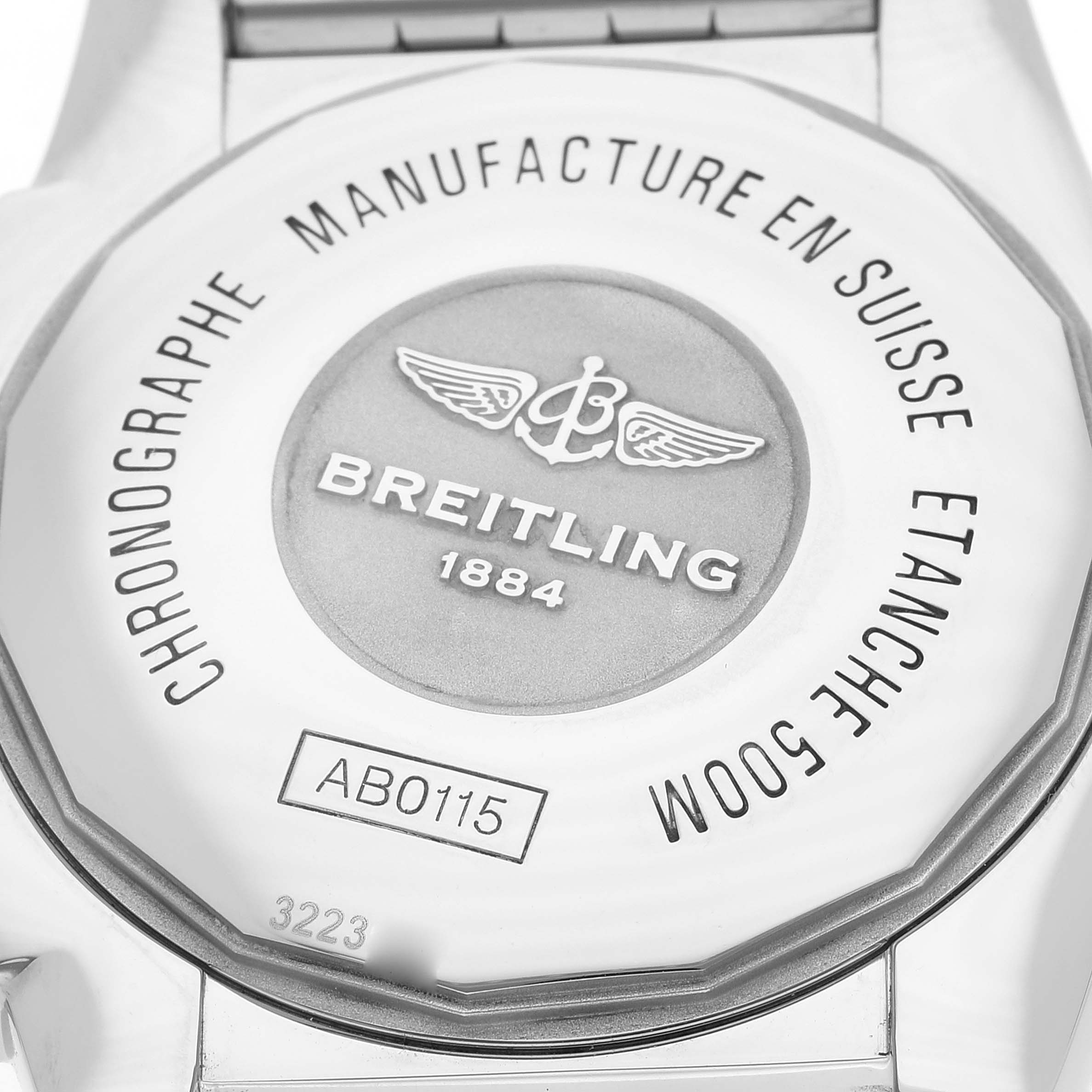 This image shows the back case of a Breitling Chronomat AB011511/BF70 Men
s Stainless Steel Black Dial AB011511/BF70 Men
s Stainless Steel Black Dial watch, displaying the brand logo, model number, and water resistance.