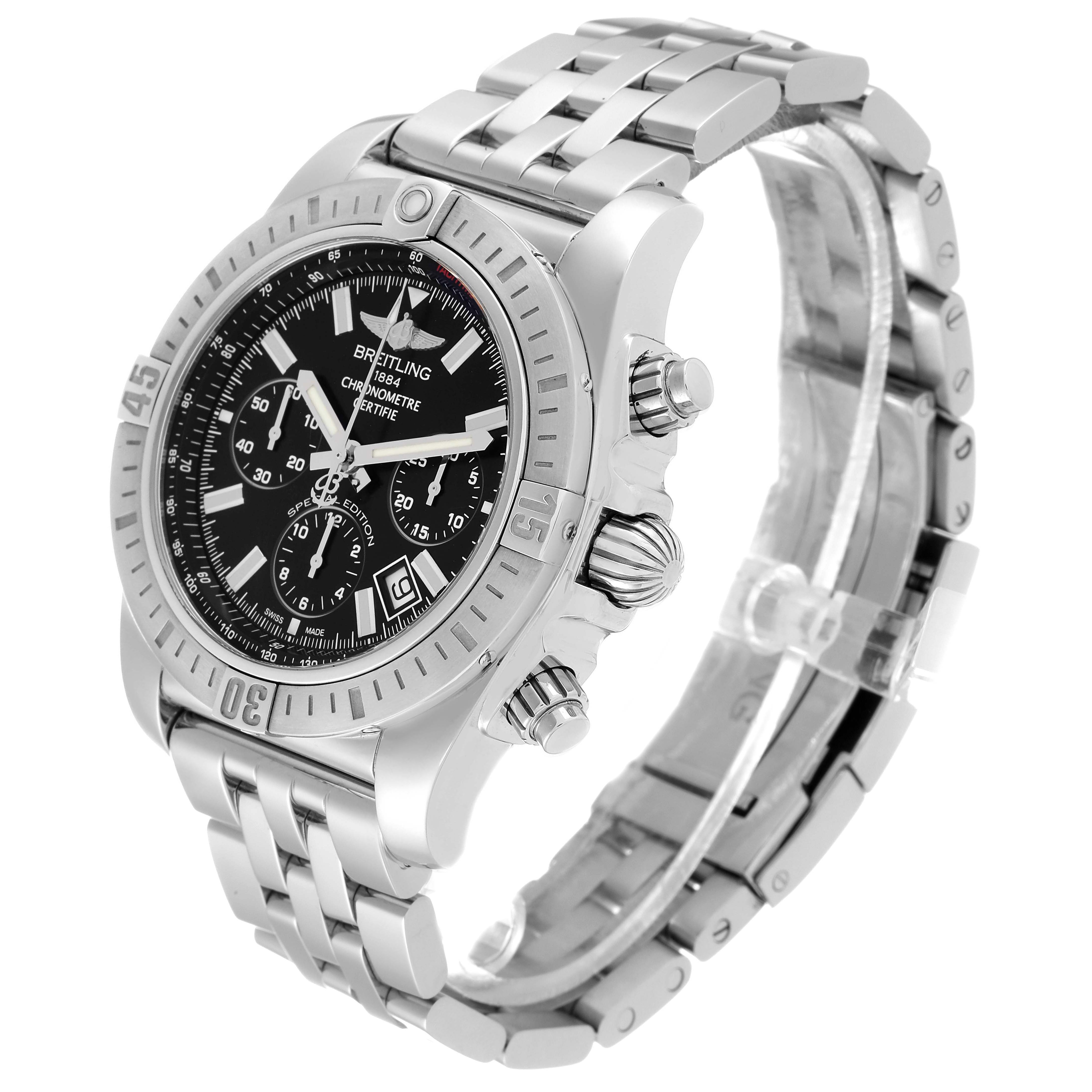 This image shows a Breitling Chronomat AB011511/BF70 Men
s Stainless Steel Black Dial AB011511/BF70 Men
s Stainless Steel Black Dial watch at a three-quarter angle, displaying the face, crown, chronograph pushers, and bracelet.