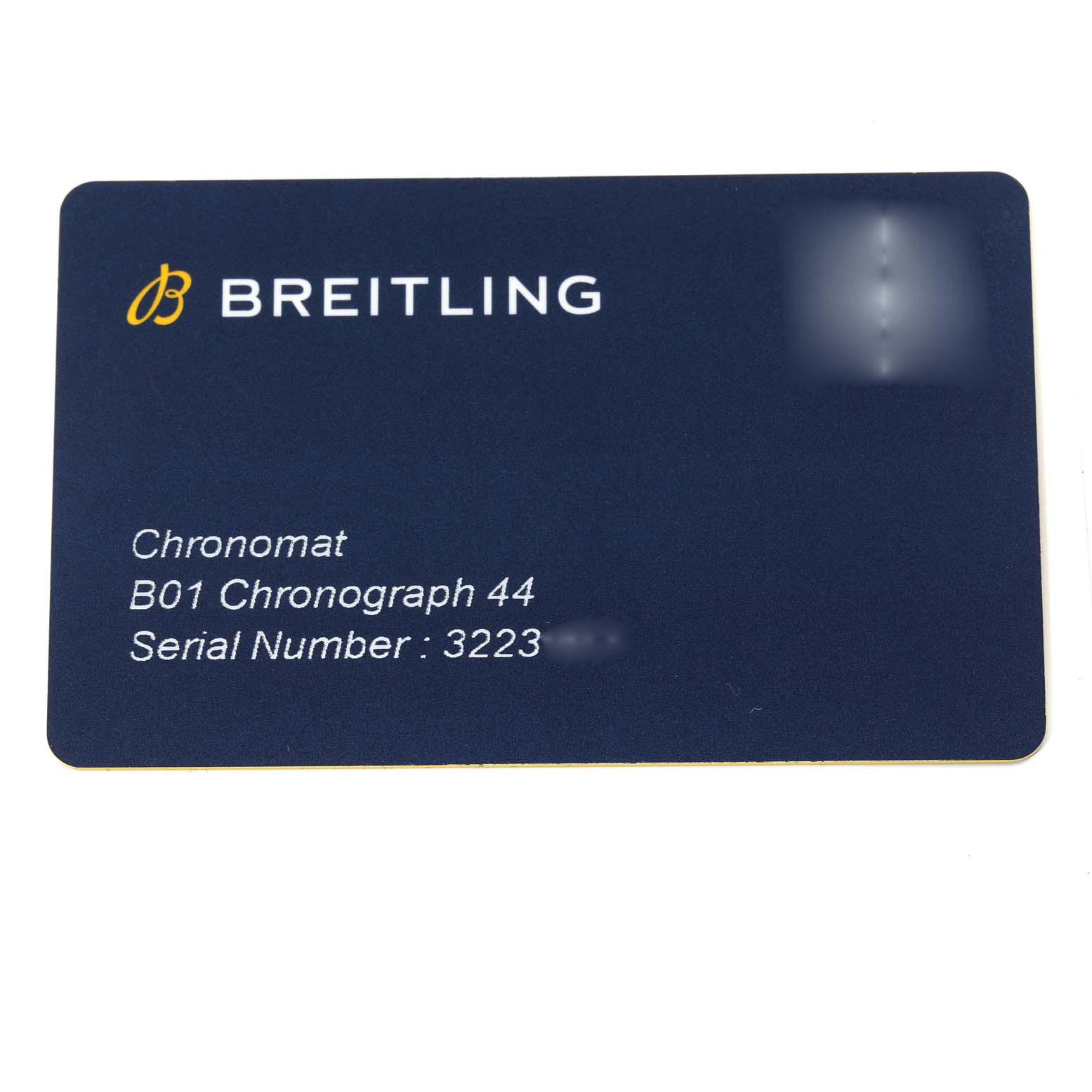The image shows a verification card for a Breitling Chronomat AB011511/BF70 Men
s Stainless Steel Black Dial AB011511/BF70 Men
s Stainless Steel Black Dial B01 Chronograph 44 watch, including the serial number.