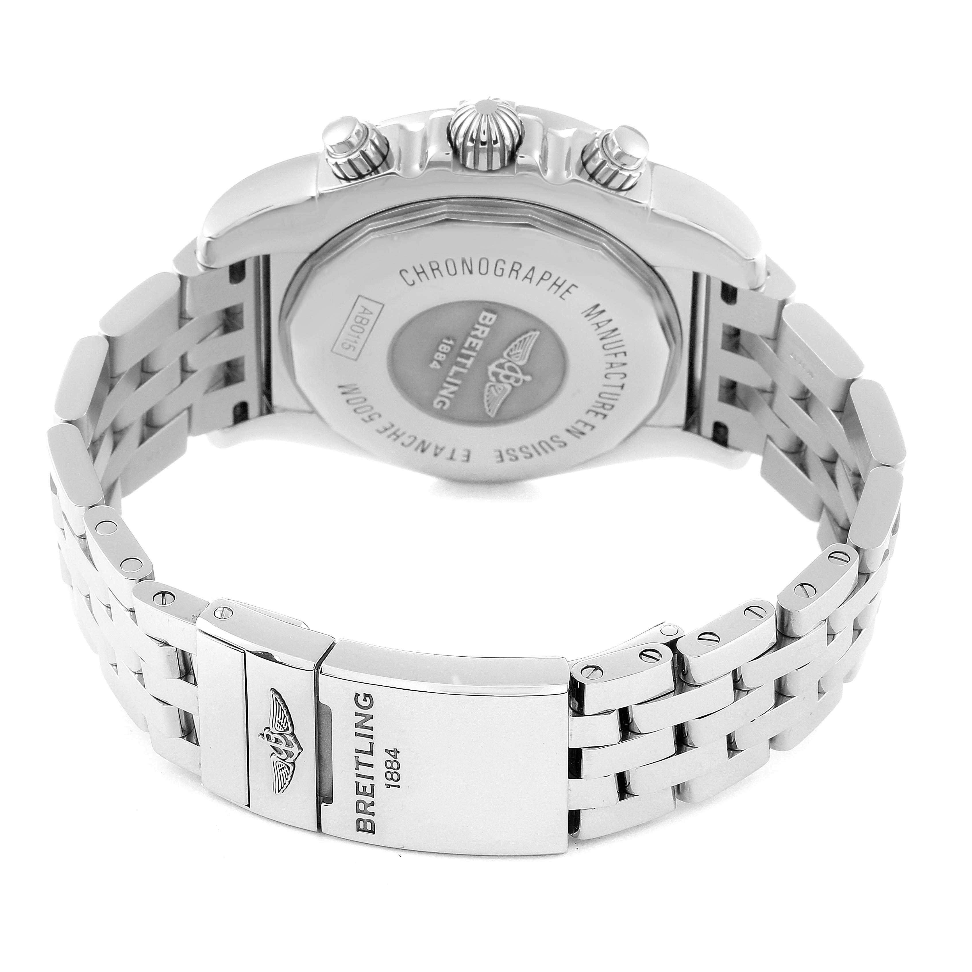 This image shows the back of the Breitling Chronomat AB011511/BF70 Men
s Stainless Steel Black Dial AB011511/BF70 Men
s Stainless Steel Black Dial watch, including its case back and part of the bracelet with the clasp.