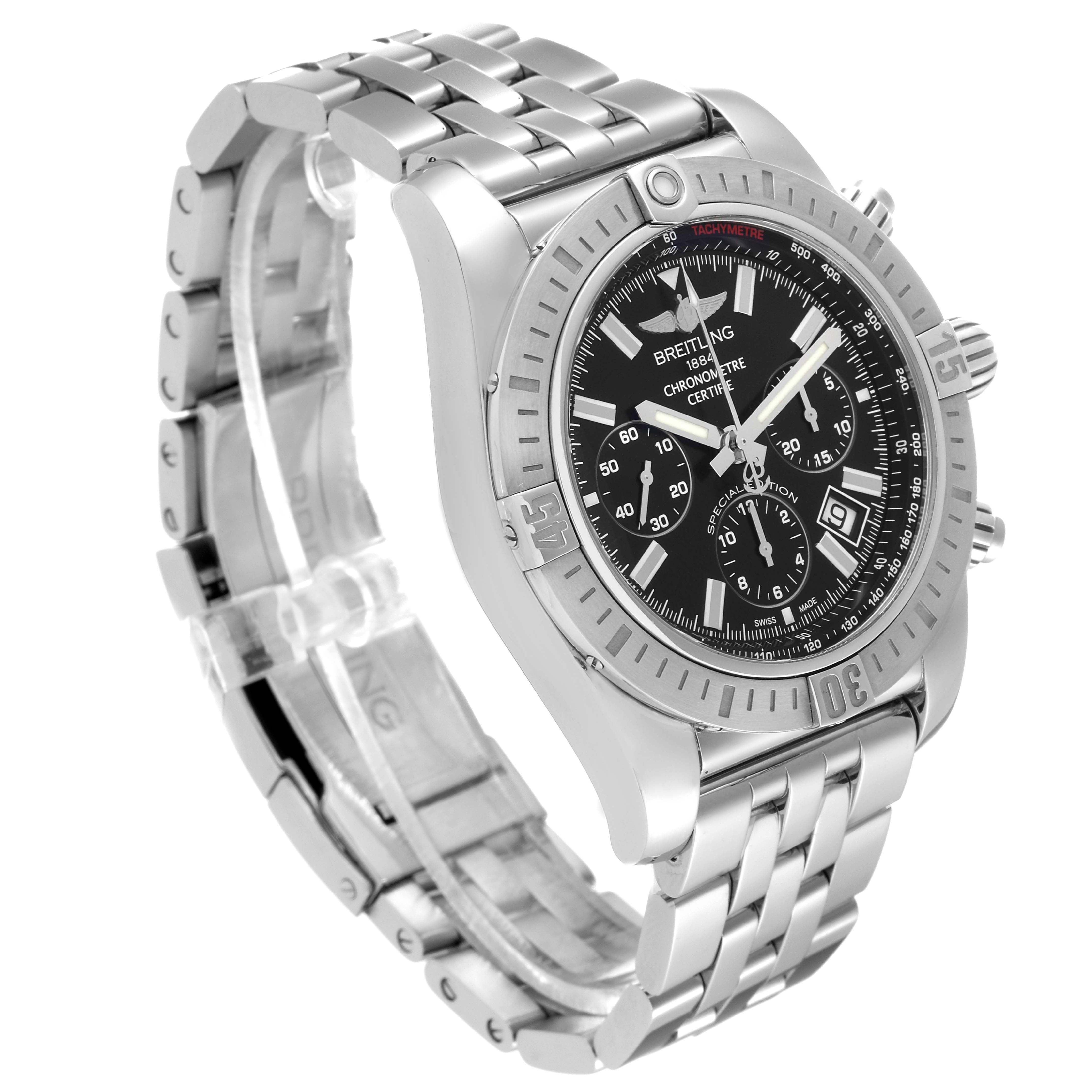 The image shows a Breitling Chronomat AB011511/BF70 Men
s Stainless Steel Black Dial AB011511/BF70 Men
s Stainless Steel Black Dial watch angled from the top-left, highlighting its dial, bezel, and metal bracelet.