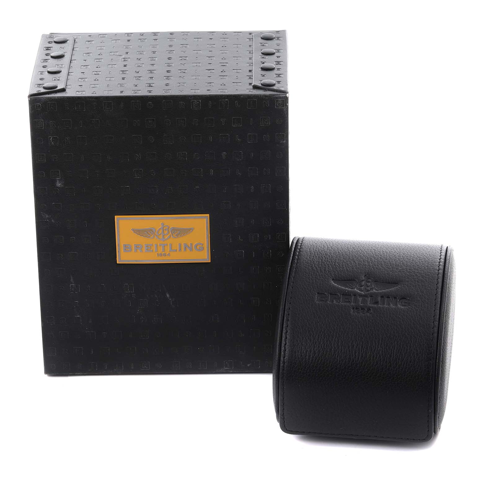 The image shows the packaging box and leather case for a Breitling Colt A73380 Men's Stainless Steel Silver Dial A73380 Men's Stainless Steel Silver Dial watch, viewed from the front.